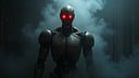 Ki, K�nstliche Intelligenz, Technologie, Roboter, Zukunft, Science-Fiction, Bedrohung, Dystopie, Cyborg, Maschine, dunkel, Nebel, humanoider Roboter, B�se, Unheimlich, Rote Augen, Anthropomorph