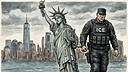 Sicherheit, Usa, Polizei, New York, Illustration, Meinungsfreiheit, skyline, Kontrast, Symbolik, Freiheit, Gesellschaftskritik, Freiheitsstatue, politische Karikatur, Manhattan, Einwanderungspolitik, ICE-Beamter, One World Trade Center