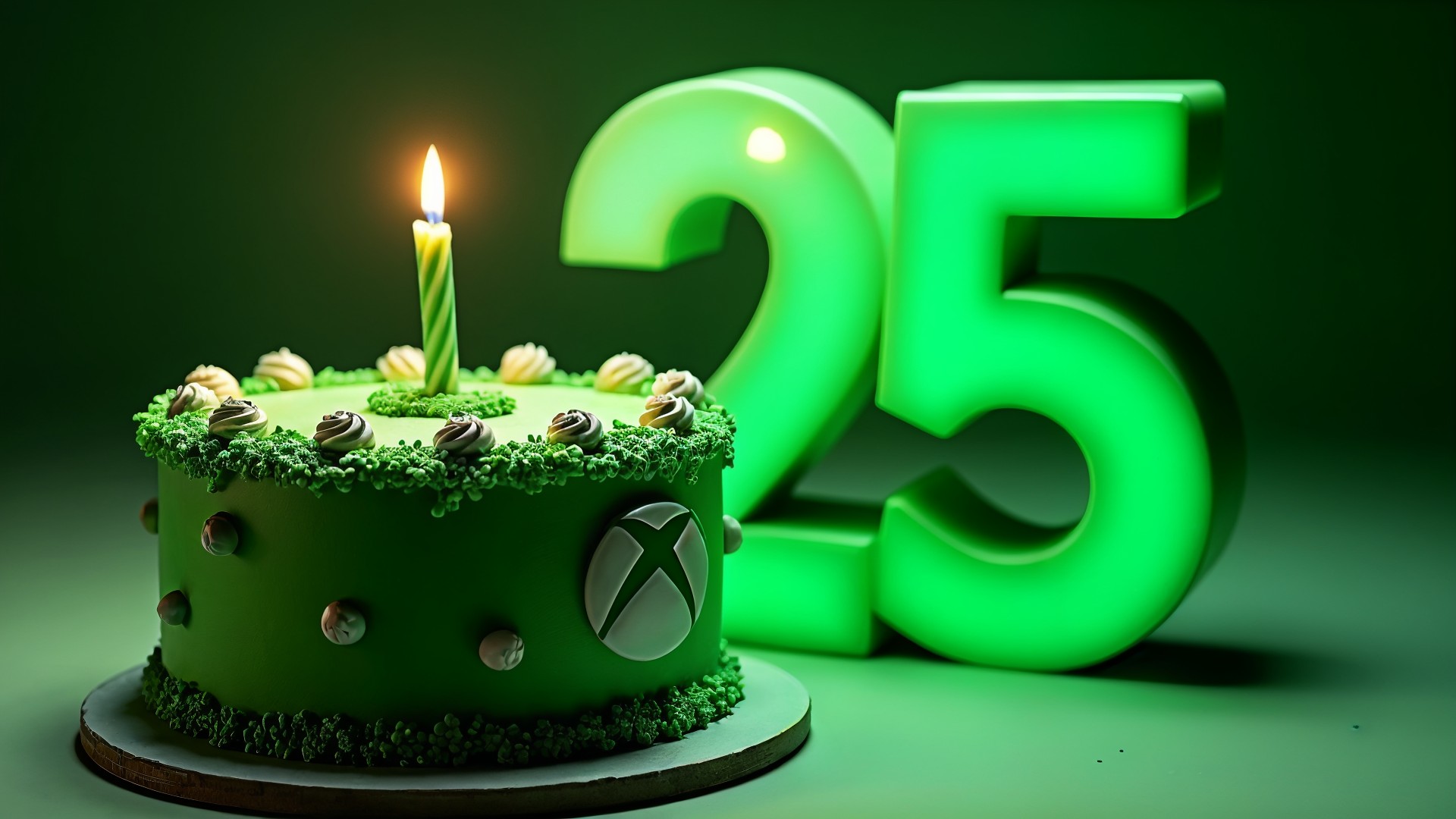 Microsoft, Gaming, Konsole, Spielkonsole, Xbox, Spielekonsole, Videospiele, Jubiläum, 25 Jahre, 25. Geburtstag, Geburtstagstorte, Konsolenjubiläum, grüne Torte, Xbox-Logo, Jubiläumsfeier