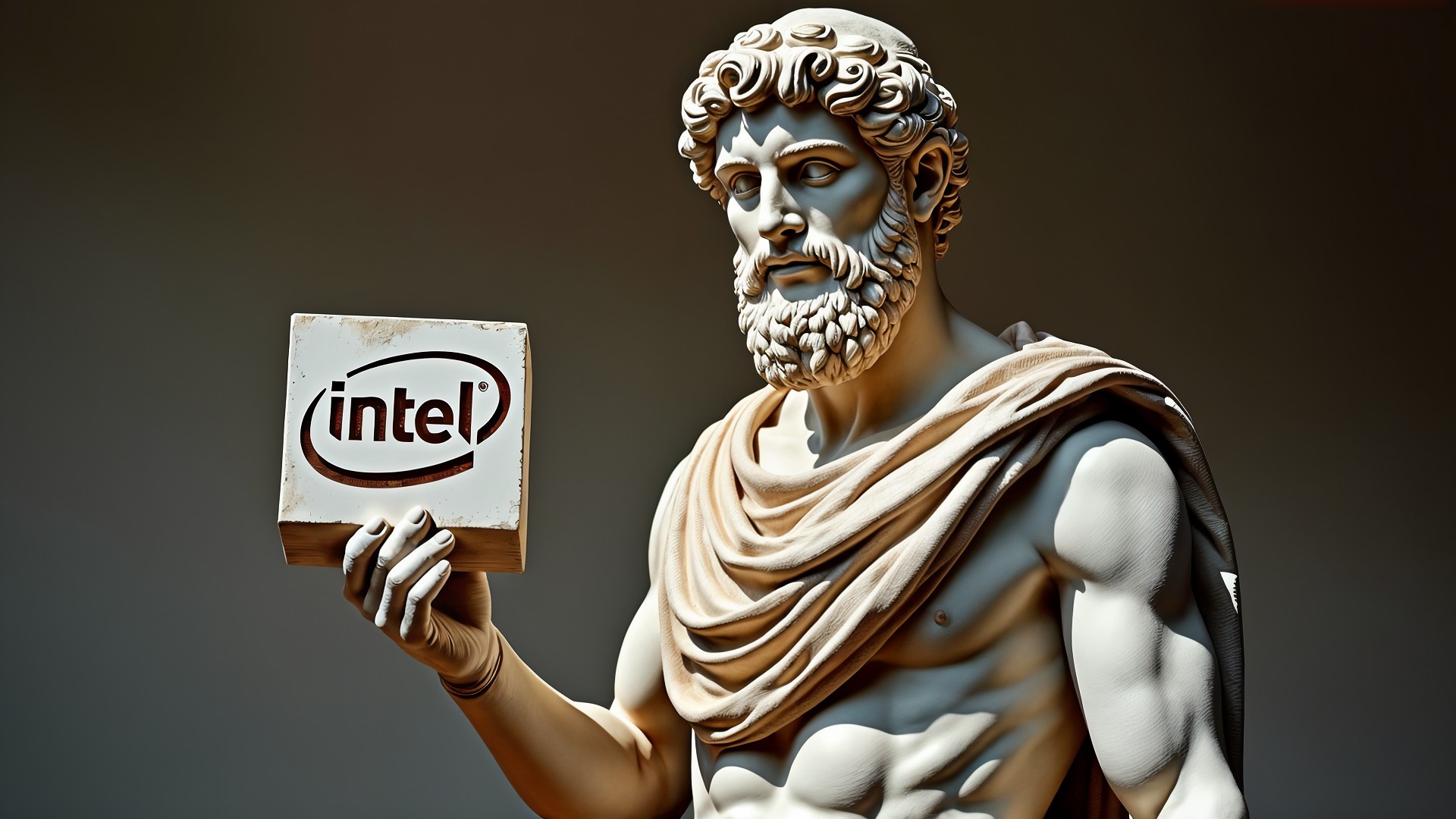 Intel, Intel Logo, Technologieunternehmen, Griechische Statue, Antike Statue, Klassische Skulptur, Technologie-Mythologie, Moderne Marke, Philosophie der Technologie, Kulturelles Mashup, Humorvolle Darstellung, Zeitübergreifende Symbolik