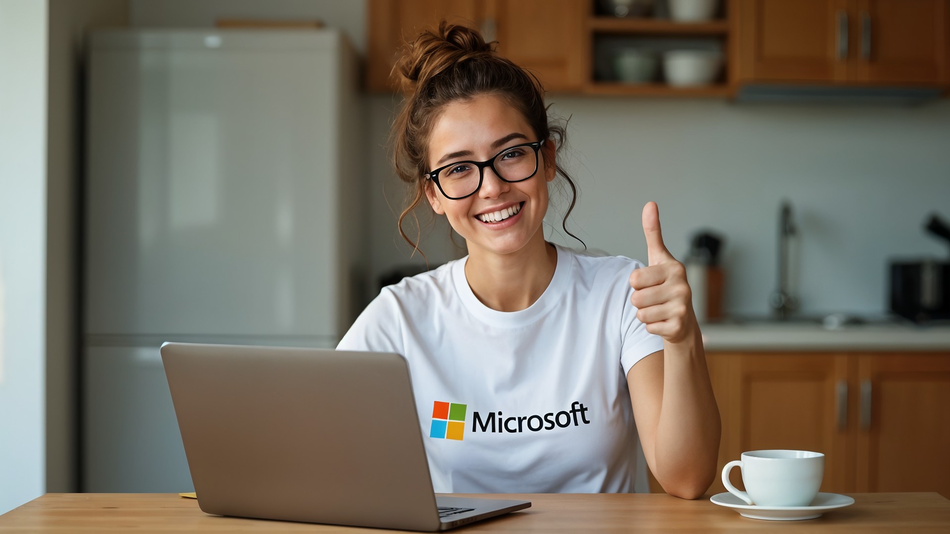 Microsoft, Microsoft Corporation, Homeoffice, Home Office, Heimarbeit, Küche, Mitarbeiterin