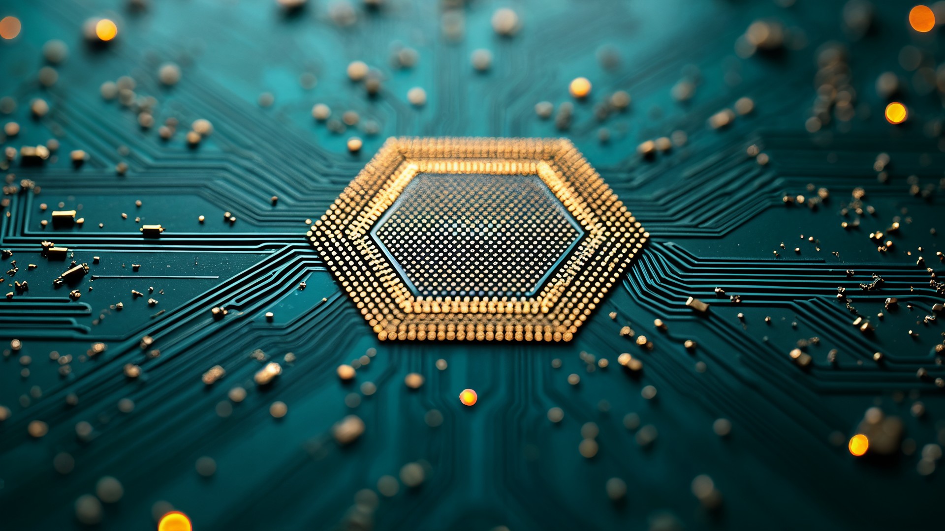 Prozessor, Chip, Technologie, Halbleiter, Elektronik, Digitalisierung, Datenverarbeitung, Leiterplatte, Schaltkreis, Hightech, Nahaufnahme, Zukunftstechnologie, Hexagon, Mikrochip, neuromorphes Computing, Nano-Struktur, Computerchip, Makroaufnahme