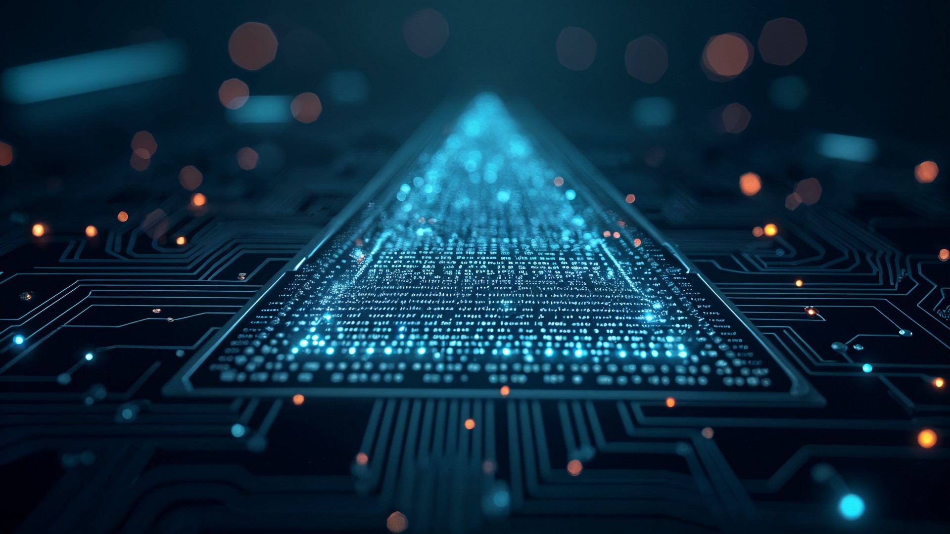 Prozessor, Künstliche Intelligenz, Netzwerk, Technologie, Algorithmus, Digitalisierung, Datenverarbeitung, Quantencomputer, Leiterplatte, Binärcode, Schaltkreis, Hightech, Mikrochip, Futuristisch, Cyberspace, Dreieck, Pyramide