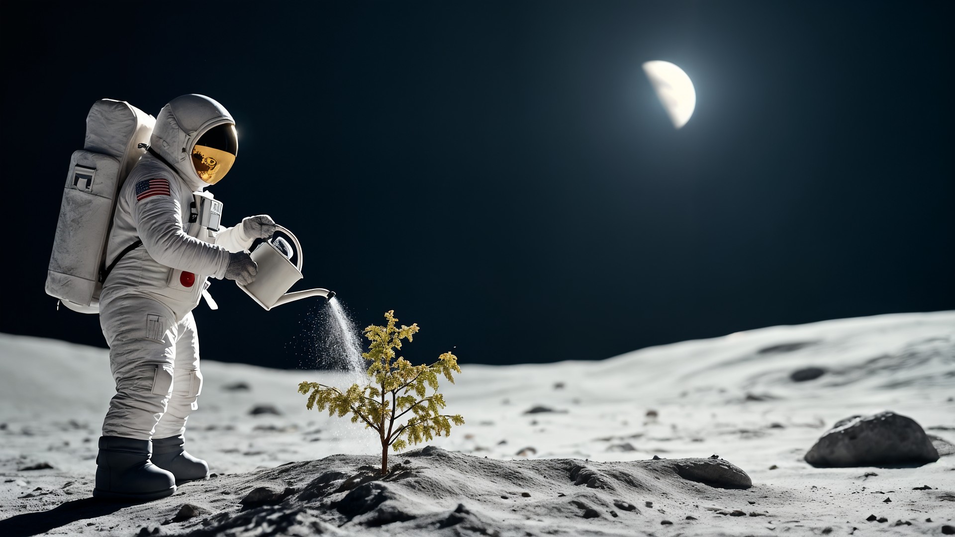 Mond, Astronaut, Pflanze, Gießkanne