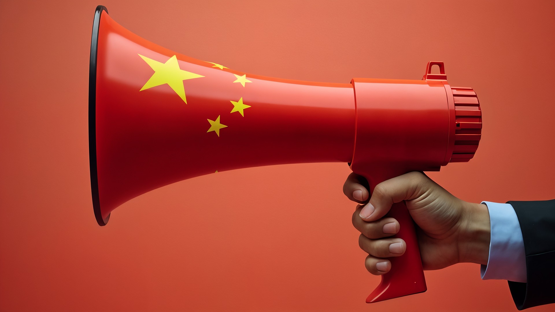 China, Kommunikation, Lautsprecher, Zensur, Propaganda, Medien, Megaphon, MegaFon, Staatsmedien, China Propaganda, chinesische Flagge, Regierungskontrolle, politische Botschaft, rote Farbe, Meinungsbeeinflussung, Informationskontrolle