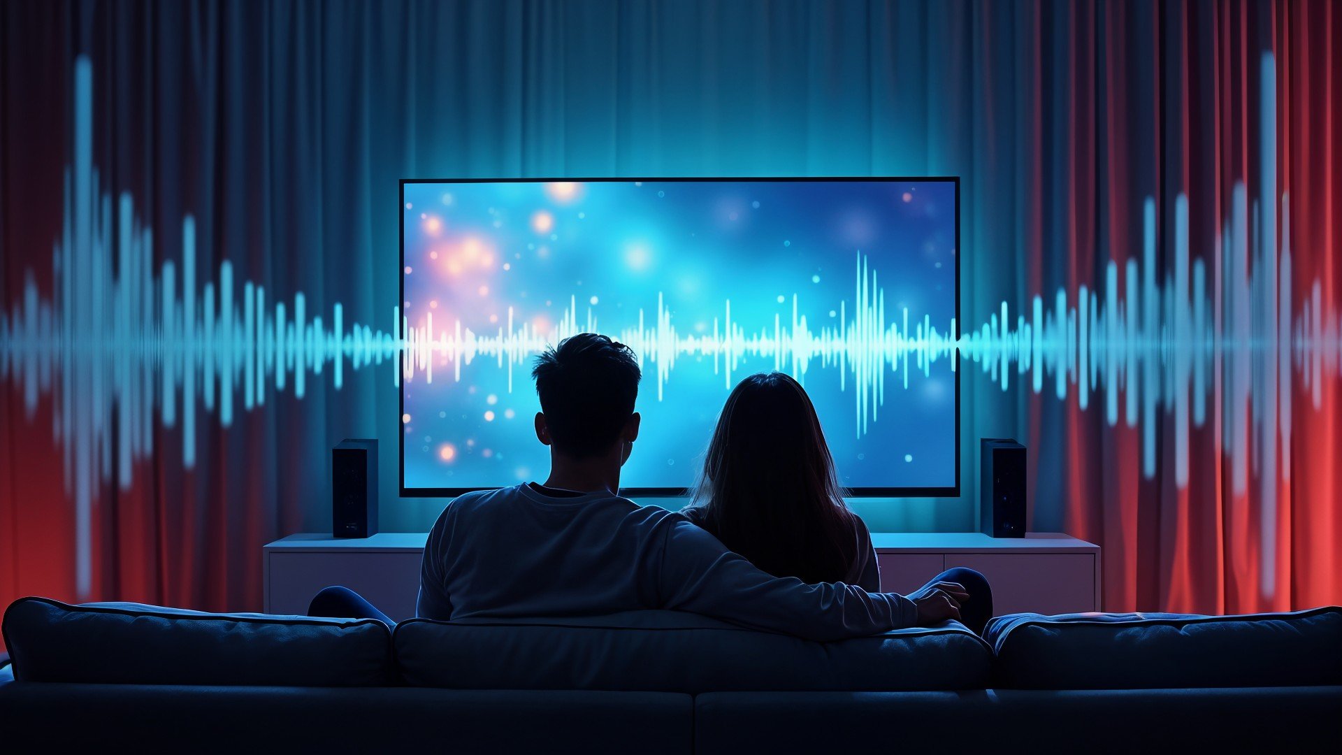 Streaming, Audio, Technologie, Unterhaltungselektronik, Smart TV, Heimkino, Surround Sound, Paar, Wohnzimmer, Schallwellen, Digitale Medien, Surround-Sound, Audiovisuelles Erlebnis, LED-Fernseher, Musik-Visualisierung, Gemütlichkeit, Immersives Erlebnis