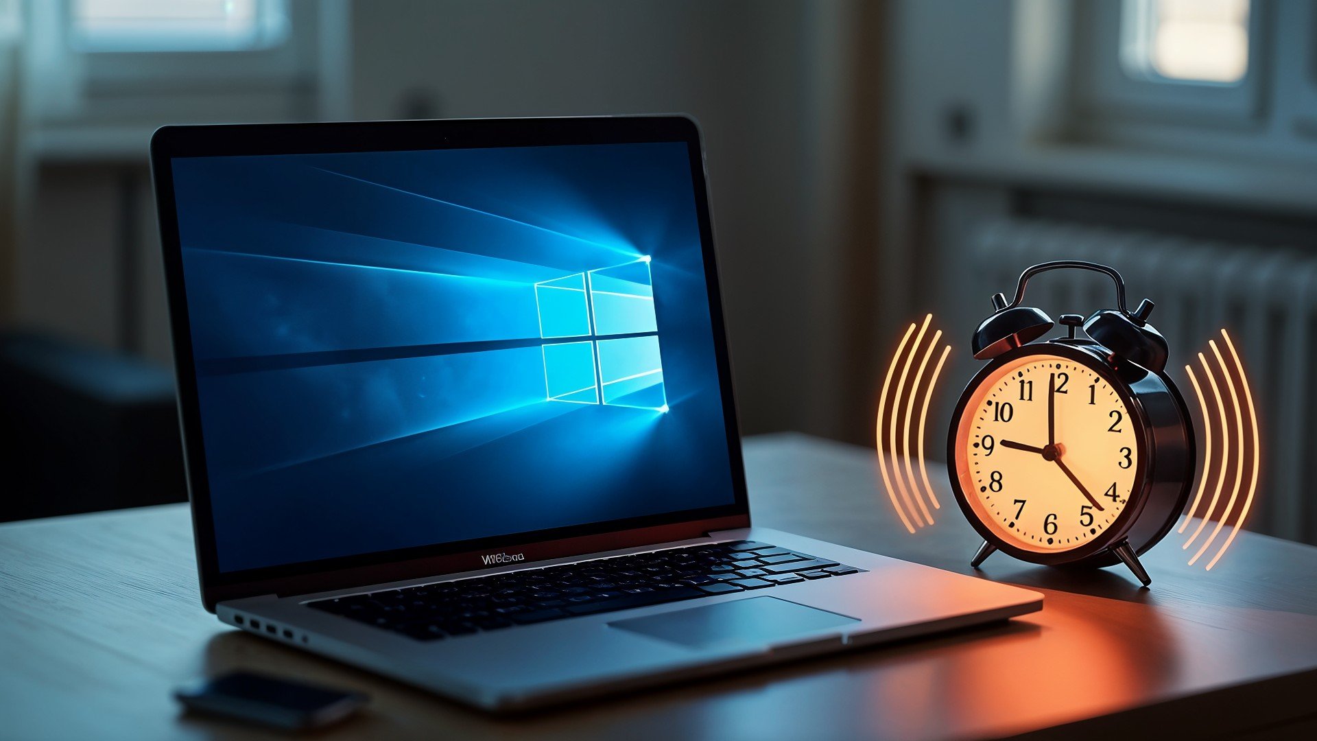 Windows 10, Windows 11, Laptop, kabellos, Produktivität, Wecker, Energiesparmodus, Energiesparen, Ruhezustand, Zeitmanagement, Digitaluhr, Wake up, Aufwachen, Arbeitsumgebung