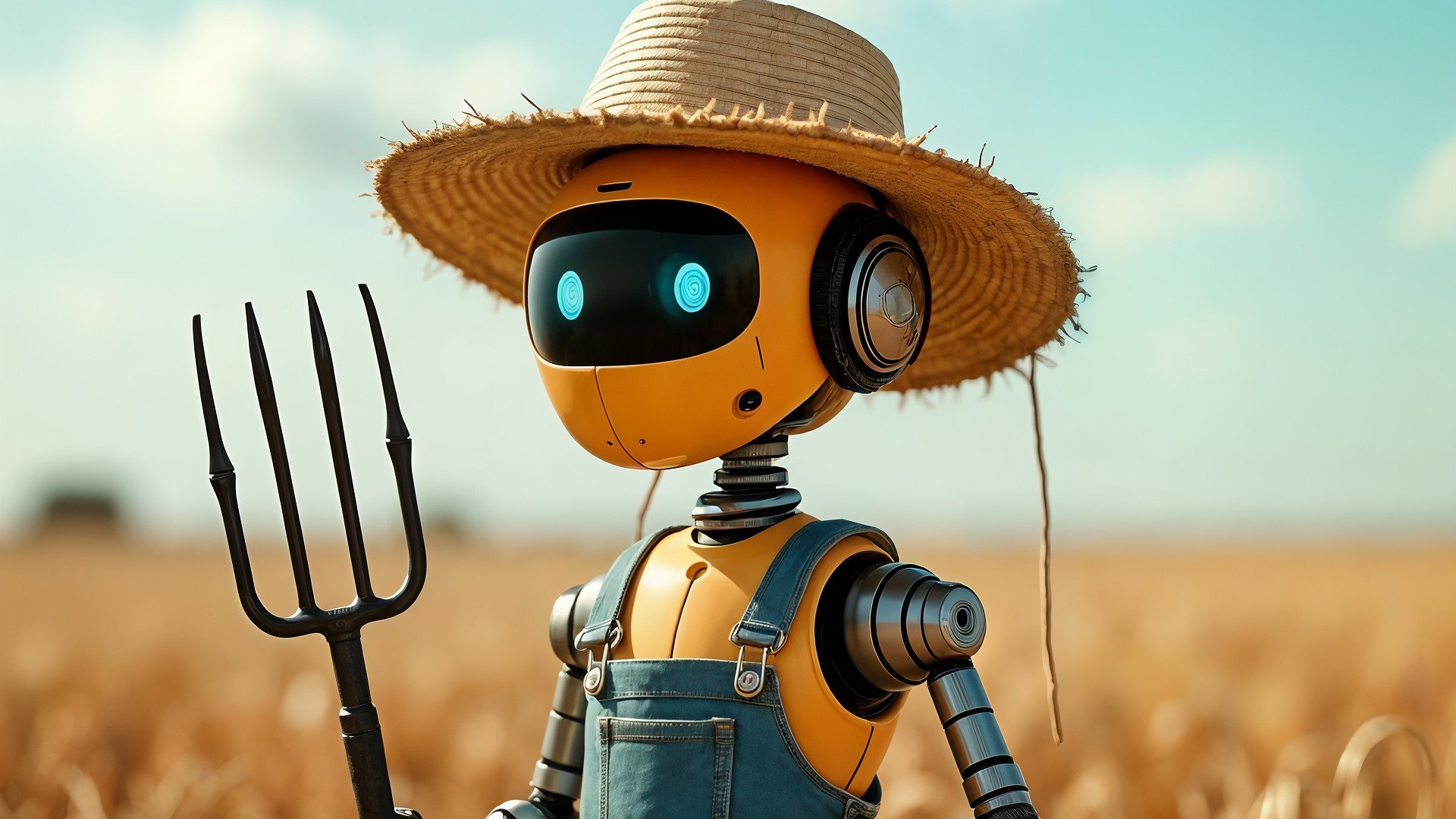 Ki, Künstliche Intelligenz, Artificial Intelligence, Roboter, Automatisierung, Landwirtschaft, Präzisionslandwirtschaft, Strohhut, Roboter-Landwirt, KI-Landwirtschaft, Agrarroboter, intelligente Landmaschine, Landwirtschaft 4.0, Heugabel, Kornfeld, futuristische Landwirtschaft, digitale Agrartechnik, autonomer Helfer, Ernteroboter, Smart Farming