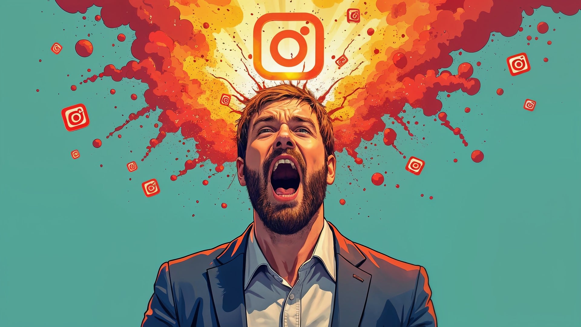 App, Social Network, soziales Netzwerk, Social Media, Meta, Instagram, Explosion, Gewalt, Hass, Hate Speech, Frustration, Bildschirmzeit, Medienkonsum, Schrei, Farbexplosion, Informationsüberflutung, Reizüberflutung, Kopfschmerzen, Instagram-Sucht, Social-Media-Überlastung, digitaler Burnout, Technologiestress, Online-Erschöpfung, mentale Überforderung, Instagram-Logo