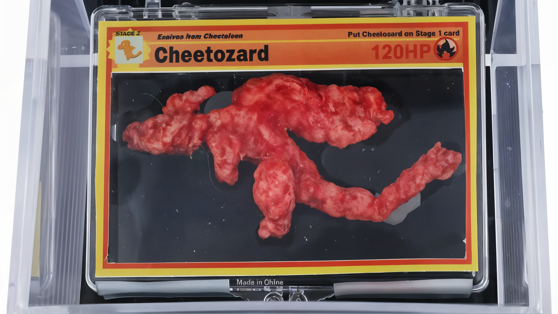 Pokemon, Auktion, Spielzeug, Sammlerstück, Kurioses, Cheetos, Snack, Popkultur, Humorvolle Darstellung, Cheetozard, Pokémon-Parodie, Spielkarte, Snackfigur, Kunstobjekt, Sammelkarte, Food Art, Kreative Snacks, Nostalgisches Design