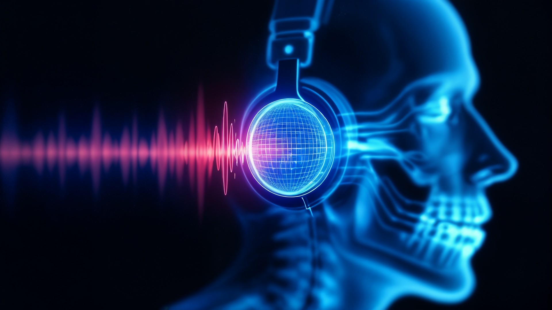 Kopfhörer, Globus, Schallwellen, 3D-Audio, Akustik, Schädel-Röntgen, Audiotechnologie, Sounddesign, Digitale Klangwelt, Musikvisualisierung, Neon-Ästhetik, Audiospektrum, Immersives Hörerlebnis, Futuristische Darstellung, Audioengineering