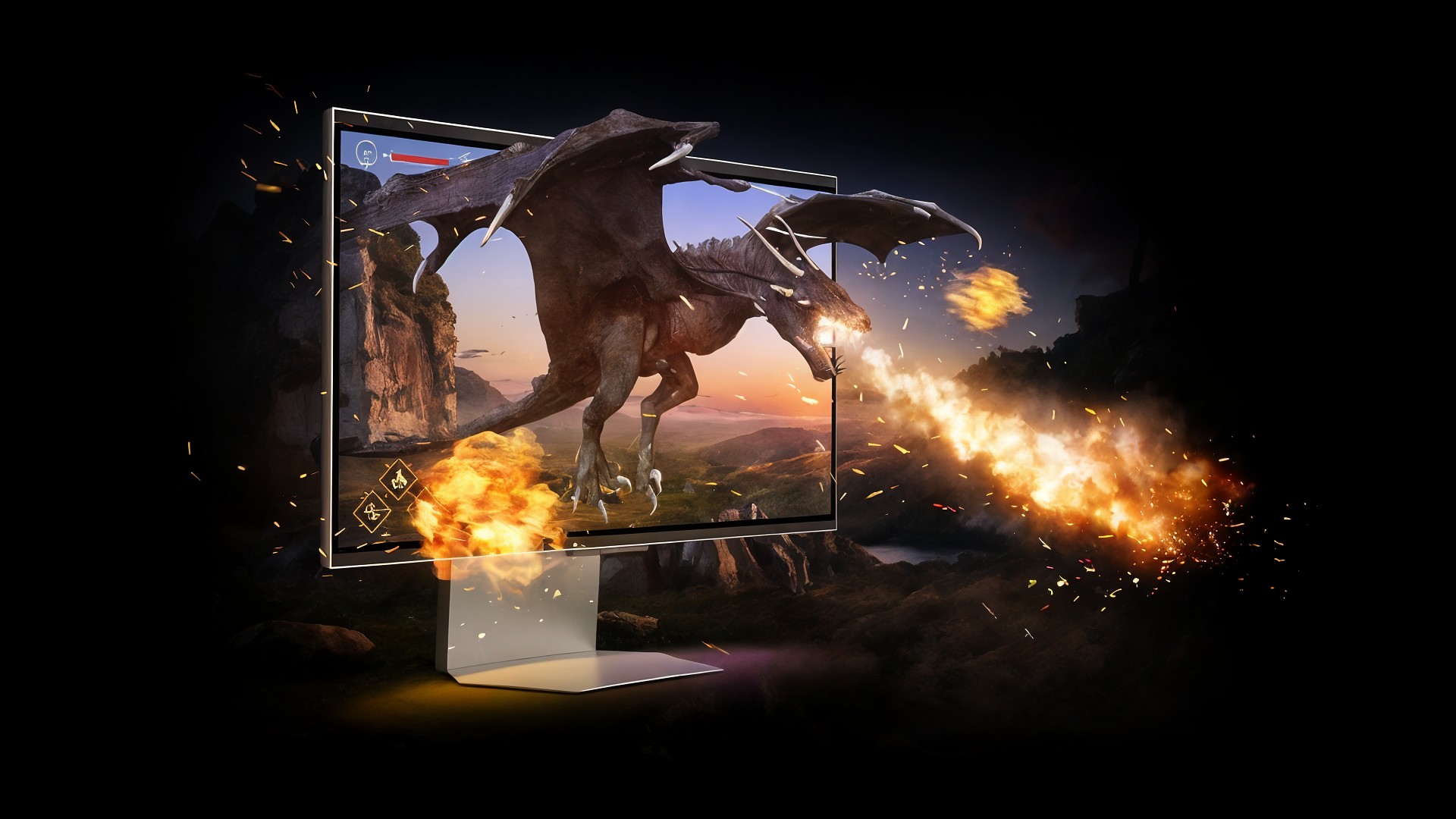 actionspiel, 3d, Spieleentwicklung, Gaming-Monitor, Grafikleistung, Samsung Odyssey, Odyssey 3D, Computergrafik, Digitale Unterhaltung, Drachen, Bildschirmtechnologie, 3D-Gaming, Fantasywelt, Immersives Gameplay, Feuereffekte, Realistische Darstellung, Visuelle Effekte