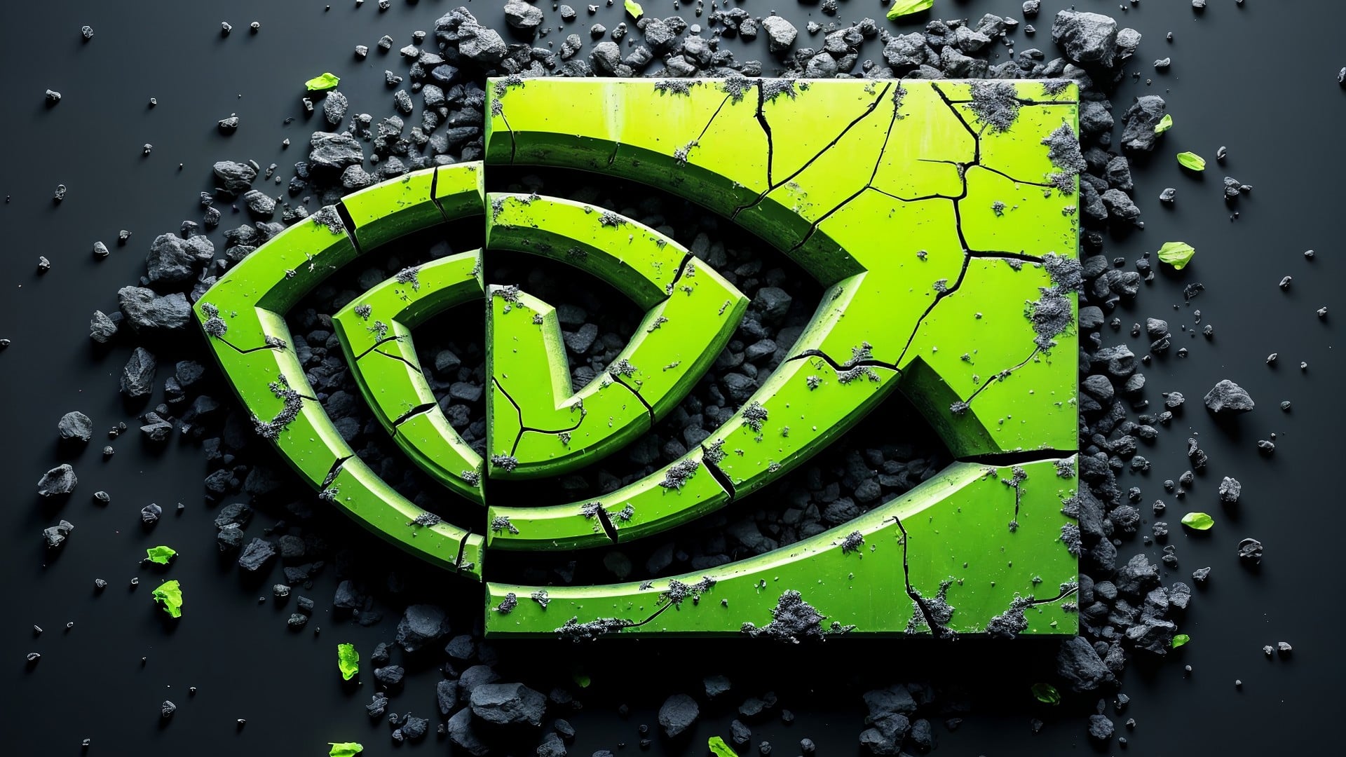 Gaming, Nvidia, Gpu, Technologie, Probleme, Grafikchip, Technologieunternehmen, 3D-Rendering, Computergrafik, Kontrast, Tech-Industrie, Markenidentität, Digitalkunst, Grünes Logo, zerbrochenes Design