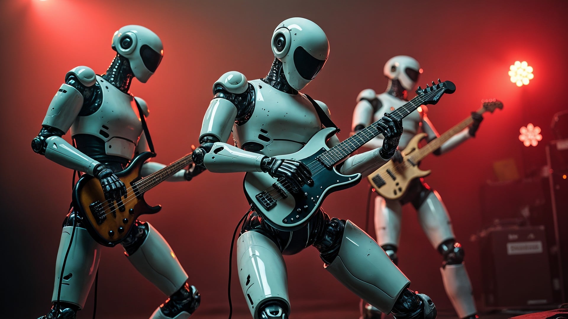 Ki, Künstliche Intelligenz, Musik, AI, Artificial Intelligence, Roboter, Robot, KI-Musiker, Roboter-Band, Gitarren-Roboter, Humanoide Musiker, Futuristische Konzertbühne, Musikautomaten, Roboter-Rockband, Technologie und Musik, E-Gitarre, Bassgitarre, Rote Bühnenbeleuchtung, Science-Fiction-Musik, Automatisierte Unterhaltung, Digitale Performance