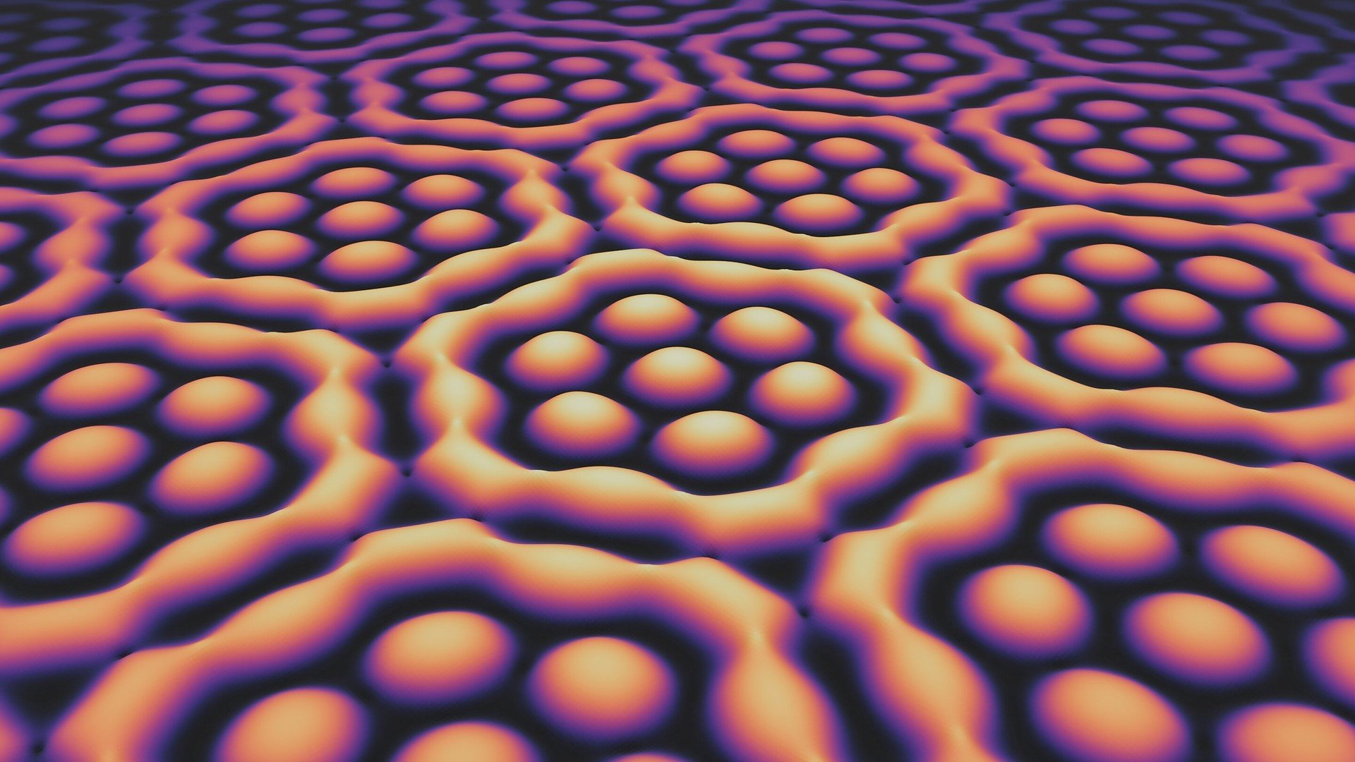 Physik, Quantenphysik, Graphen, Nanotechnologie, 3D-Rendering, Materialwissenschaft, futuristisches Design, Wissenschaftliche Visualisierung, Mikroskopische Ansicht, Technologie-Hintergrund, Lichtfeld, Hexagonmuster, Universität Stuttgart, Molekularstruktur, Optische Täuschung, Abstrakte Textur, Wabenstruktur, Violett-Orange Farbverlauf