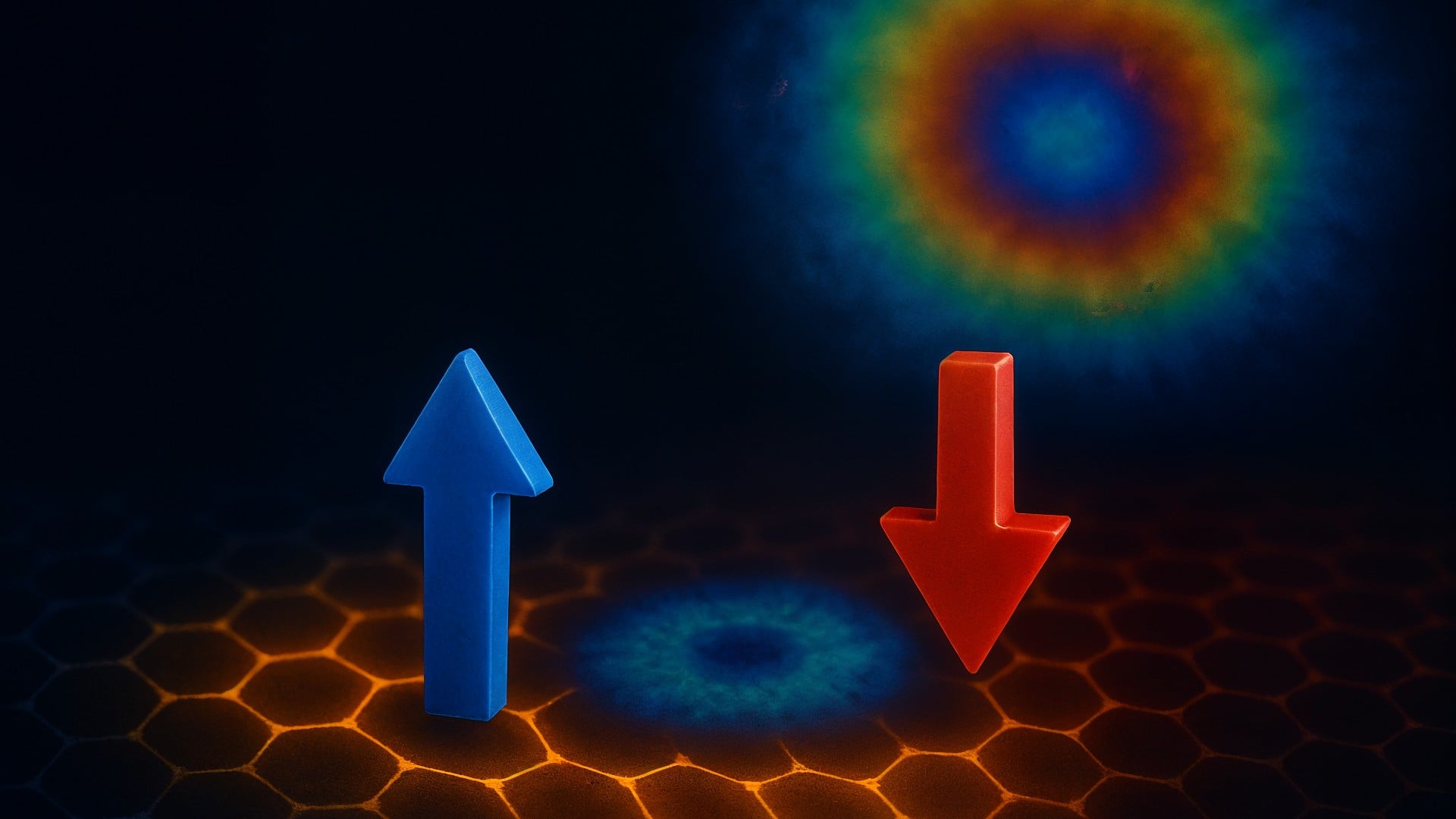 Quantencomputer, Quantenphysik, 3D-Rendering, Magnet, Magnetfeld, Quantenmechanik, Magnetismus, Wissenschaftsvisualisierung, Futuristische Technologie, Spin, Theoretische Physik, Spintronik, Dualität, Abstrakte Darstellung, Symmetrie, Energiefelder, Hexagonmuster, Blau-Rot-Kontrast, Teilchen-Welle, Aufwärts-Abwärts-Pfeile