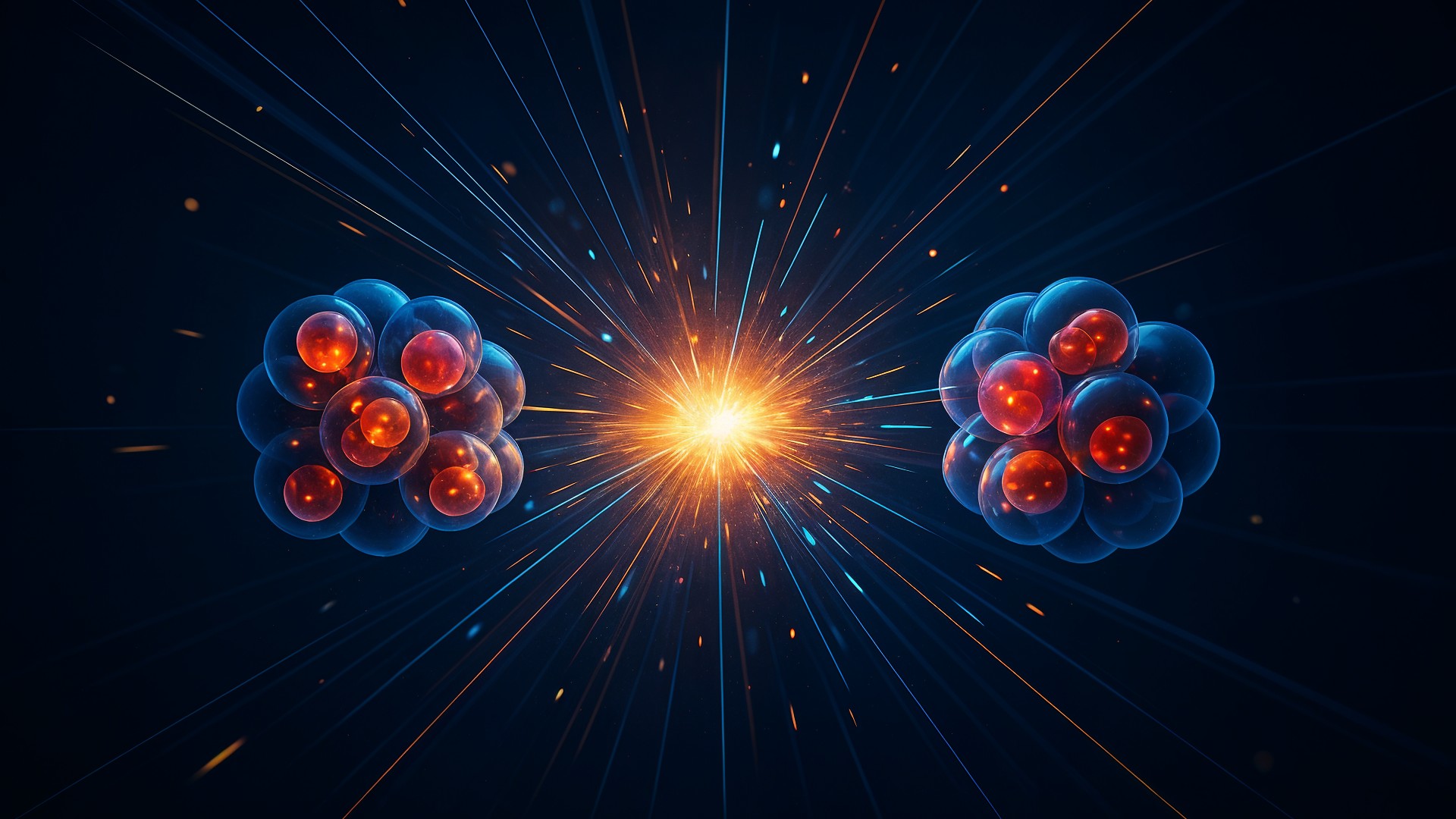 Kernfusion, Teilchenbeschleuniger, Elementarteilchen, Teilchenphysik, Quantenmechanik, Wissenschaftsvisualisierung, Hochenergiephysik, Energieexplosion, Atomkerne, Kernphysik, Atomkollision, Proton-Proton-Kollision, Subatomare Teilchen, Quantenphänomen, Physikforschung