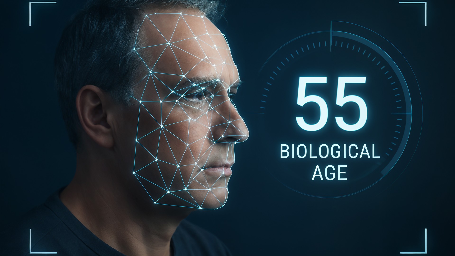 Gesichtserkennung, Biometrische Daten, Futuristische Technologie, Alterungsprozess, Gesundheitsanalyse, biologisches Alter, Facial Mapping, 55 Jahre, KI-Analyse, Alterserkennung, Gesichtsscanner, Profilansicht, Alterungsforschung, digitale Gesichtsvermessung, Altersbestimmung