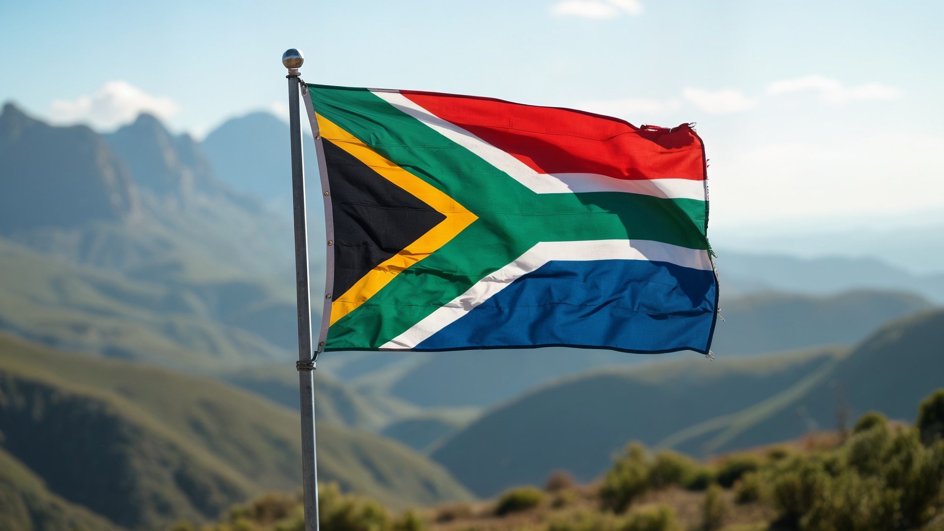 Flagge, Fahne, Natur, Landschaft, Südafrika, Berge, Nationalflagge, Südafrika-Flagge, Fahnenmast, wehende Fahne, Regenbogennation