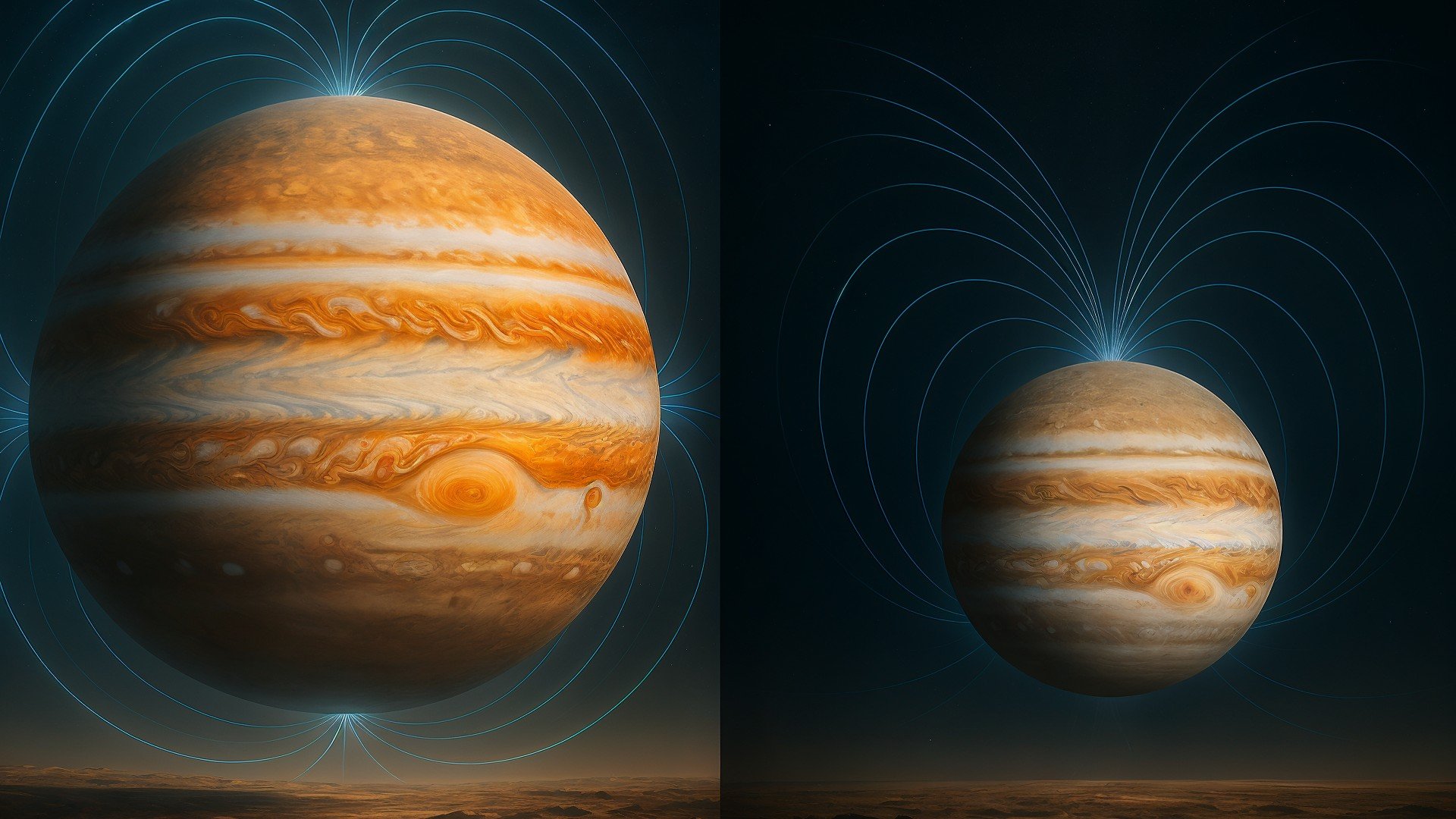 Weltraum, Astronomie, Sonnensystem, Weltraumforschung, Astrophysik, Jupiter, Kosmologie, Magnetosphäre, Gasriese, Planetologie, Planetenmagnetfeld, Roter Fleck, Jupiteratmosphäre, Planetenstreifen, Planetenvisualisierung, Wissenschaftsillustration