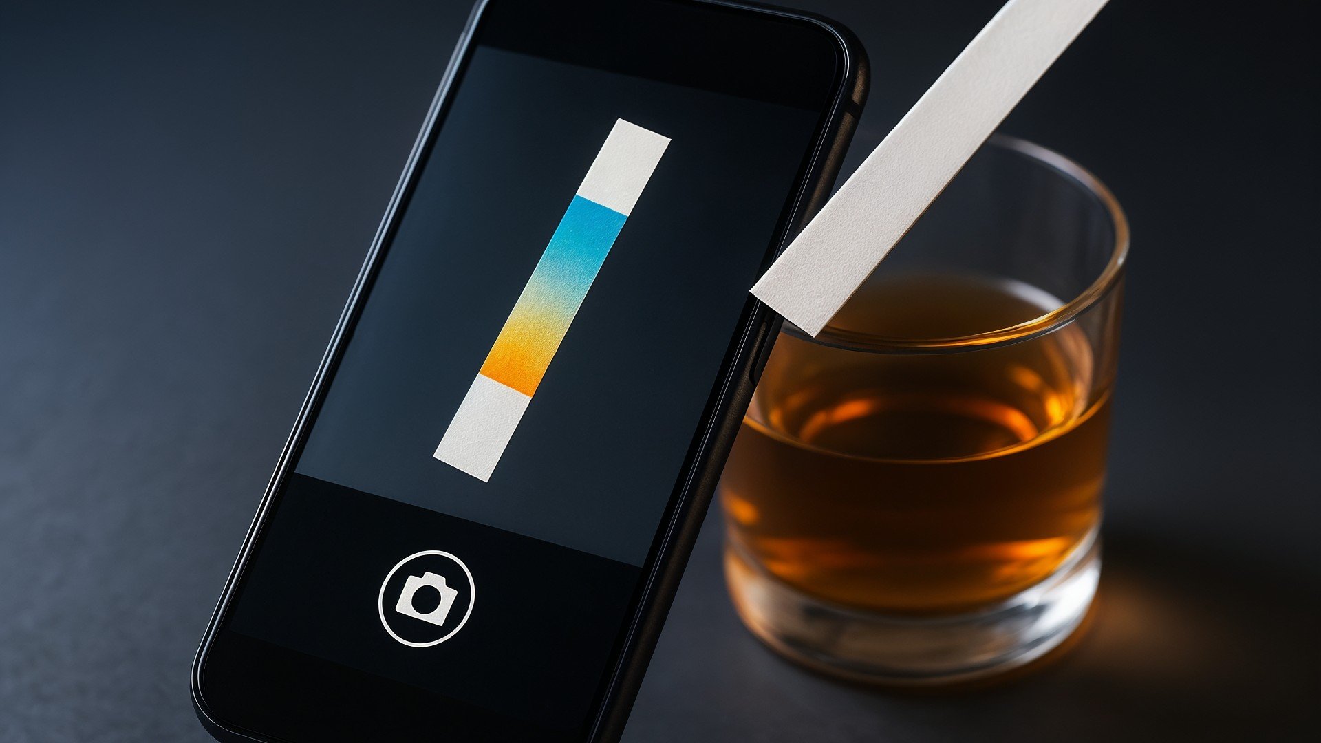 Alkohol, Qualitätskontrolle, Smartphone-App, Gesundheitsüberwachung, Getränk, Alkoholmessgerät, Whiskey, Alkoholtest, Mobile Technologie, Teststreifen, Flüssigkeitsanalyse, Getränkequalität, Digitale Messung, Chemische Analyse, Farbskala, Labordiagnostik, Wissenschaftliche Anwendung