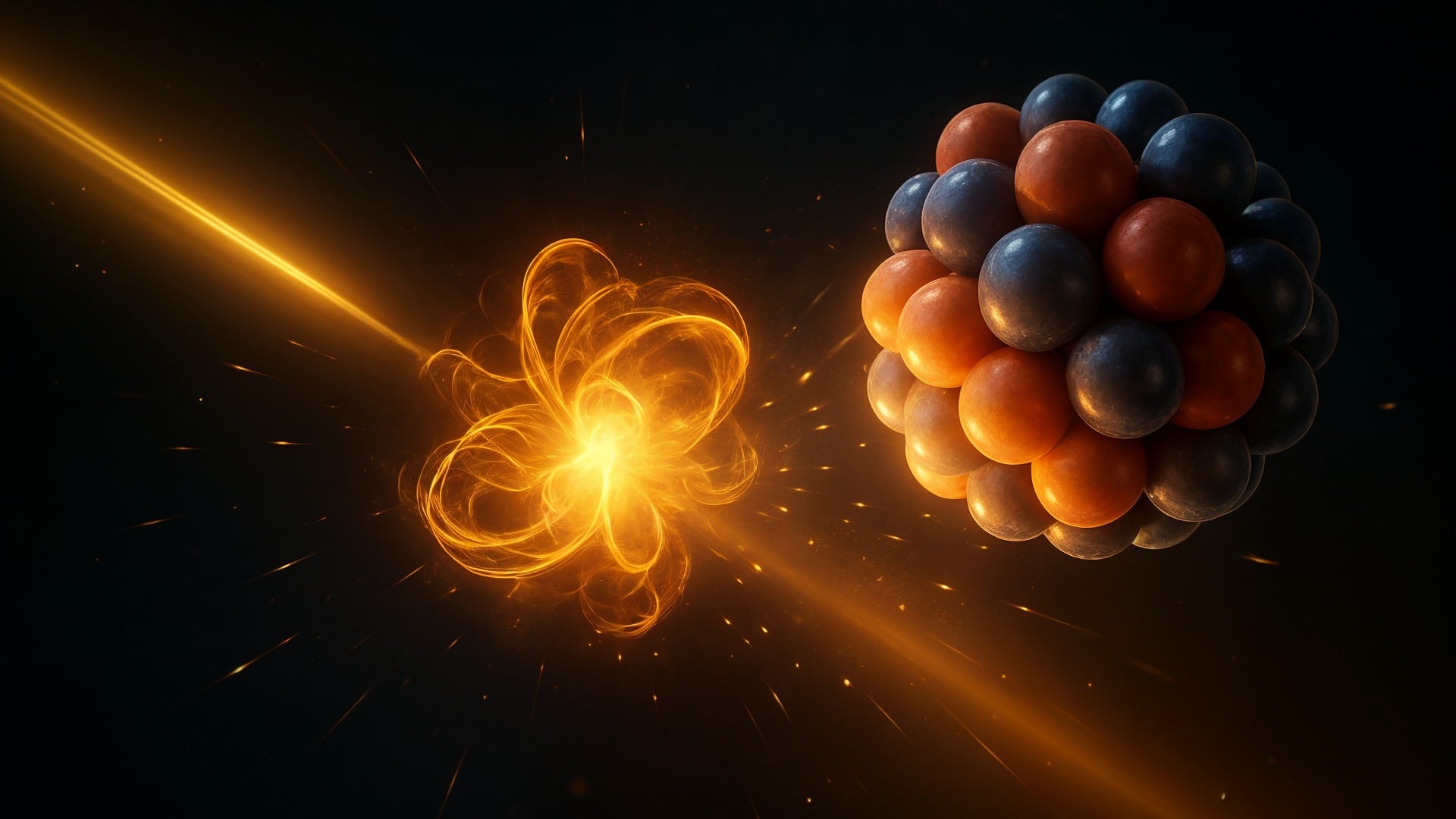 Quantenphysik, Kernfusion, Teilchenphysik, Teilchenbeschleuniger, Elementarteilchen, Elektronen, Atomkern, Lichteffekte, Wissenschaftsillustration, Quarks, Protonen, Nuklearenergie, Kernspaltung, Neutronen, Gluon, Energiefreisetzung, Atommodell, Physikvisualisierung