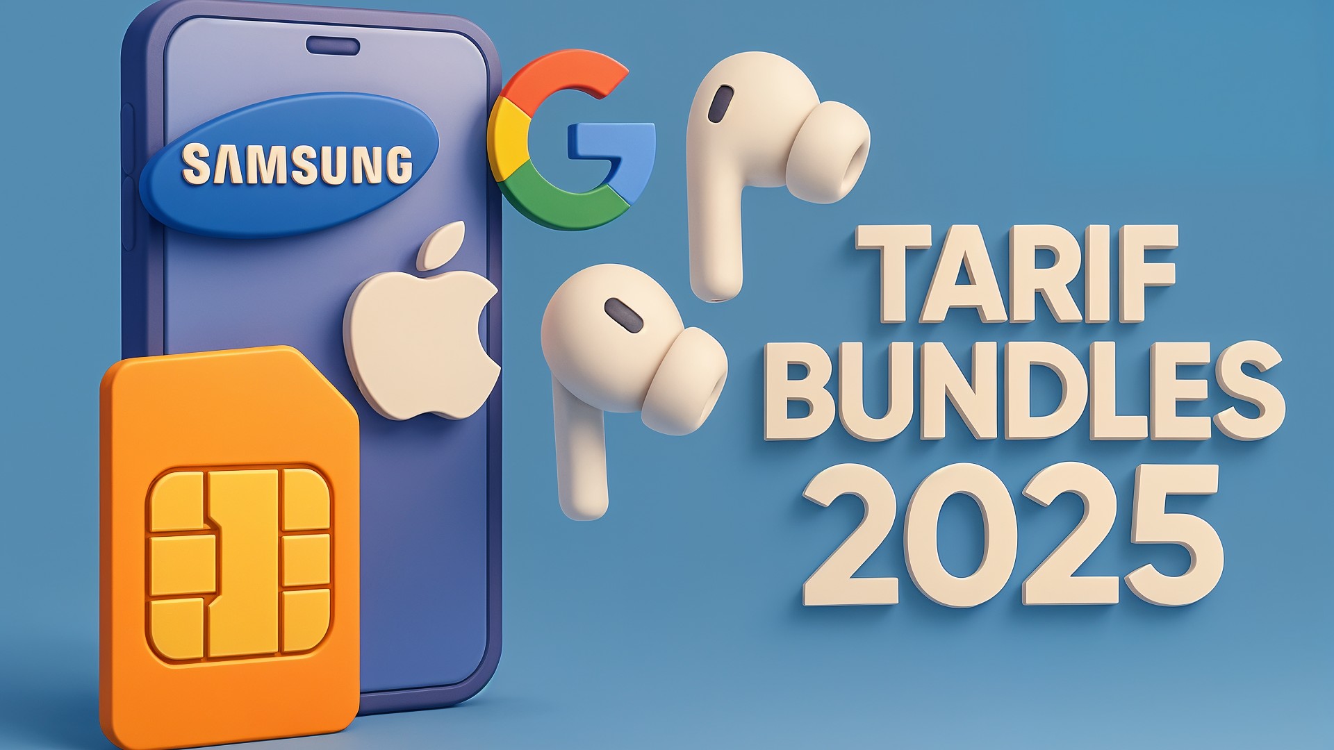 Smartphone, Apple, Google, Samsung, Tarif, Technologie, Telekommunikation, AirPods, Mobilfunkanbieter, Mobilfunkvertrag, Sim-Karte, 3D-Rendering, 2025, Tarif Bundles, Tariframenbündel, Handytarif, Produktbündel