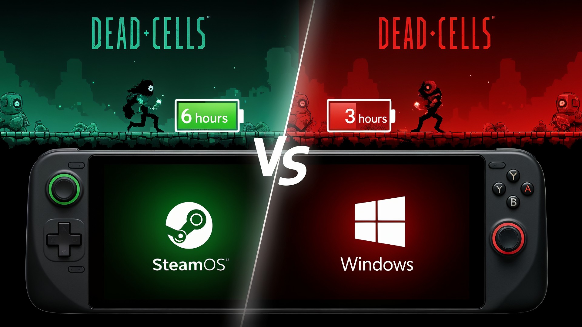 Gaming, Windows, Akkulaufzeit, Steam Deck, SteamOS, Pixelgrafik, Handheld-Konsole, Roguelike, Side-Scroller, Indie-Spiel, Spieleleistung, Dead Cells, Betriebssystemvergleich, Plattformvergleich, Gamedesign