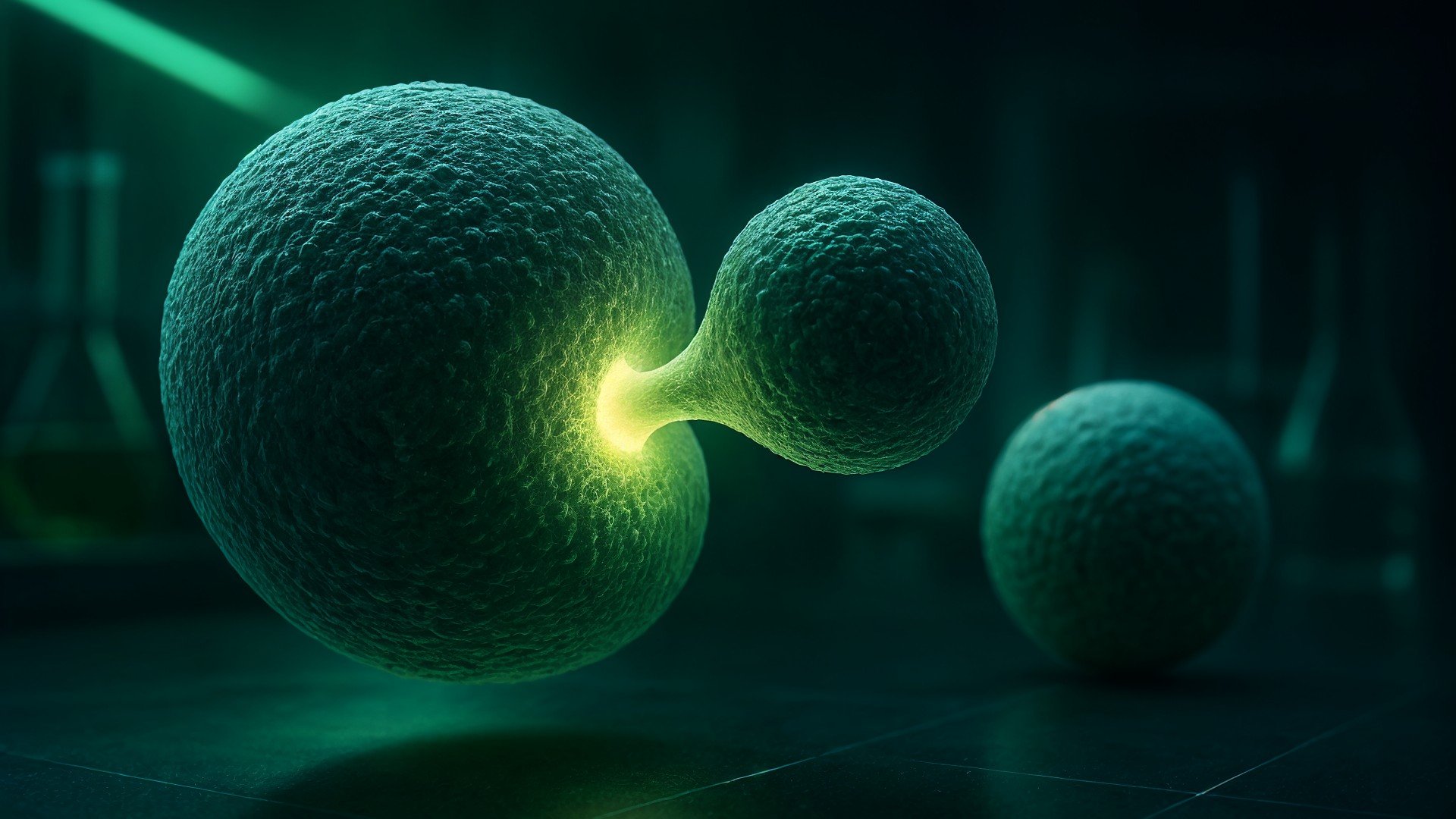 Genetik, Kunststoff, 3D-Rendering, Mikrobiologie, Polymer, Biotechnologie, Zellbiologie, Medizinische Forschung, Wissenschaftliche Visualisierung, Mikroskopische Ansicht, Zellteilung, Leuchtende Zellen, Zellteilungsprozess, Zellkernverschmelzung, Zellvermehrung