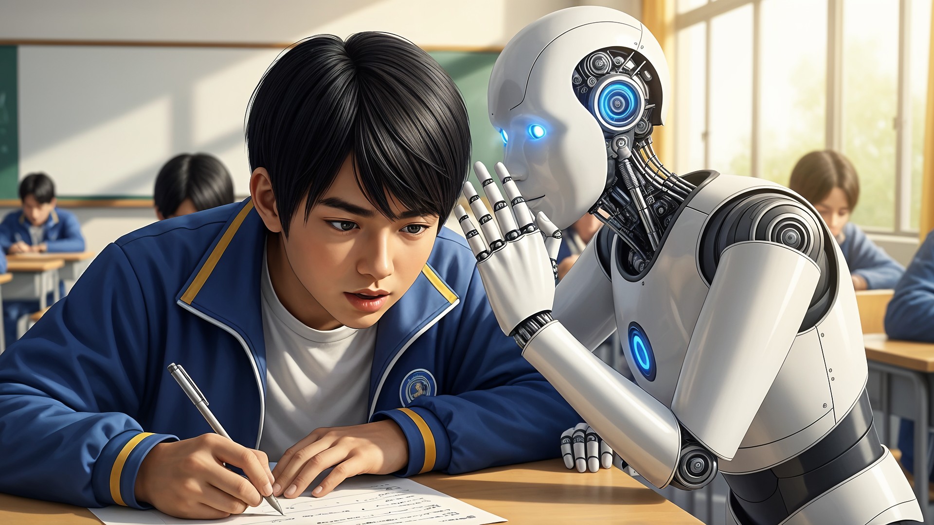 Ki, Künstliche Intelligenz, AI, Artificial Intelligence, Roboter, Robotik, Digitalisierung, Schule, Zukunftstechnologie, Schummeln, KI-Bildung, Roboter-Lehrer, Schulunterricht, Schüler-Roboter-Interaktion, Lernen mit KI, Humanoid-Roboter, Klassenzimmer-Innovation, Bildungstechnologie, Assistenz-Roboter