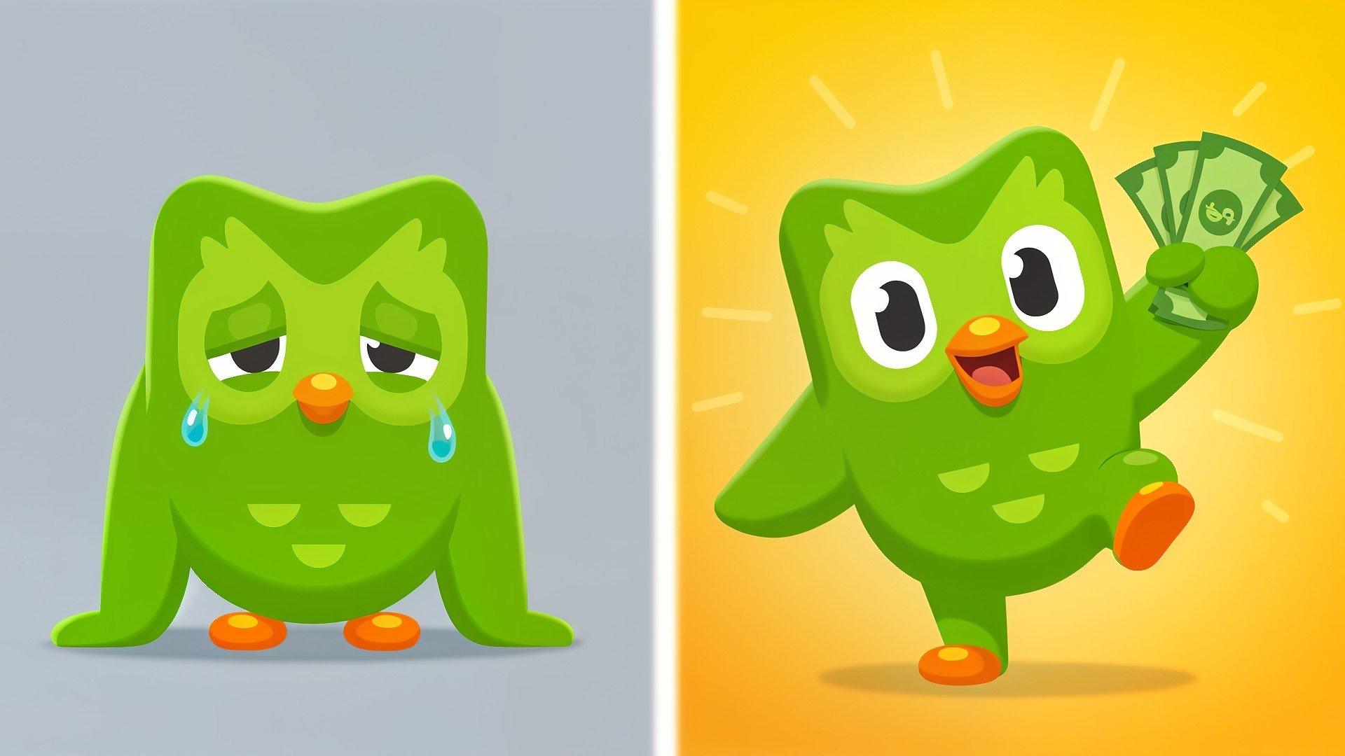 Bildung, Erfolg, Maskottchen, Emotionen, Motivation, Freude, App-Icon, Cartoon-Figur, Eule, Duolingo, Duolingo-Eule, Sprachlern-App, Stimmungswechsel, Traurigkeit, Geldgewinn, Sprachlernen, grüner Vogel
