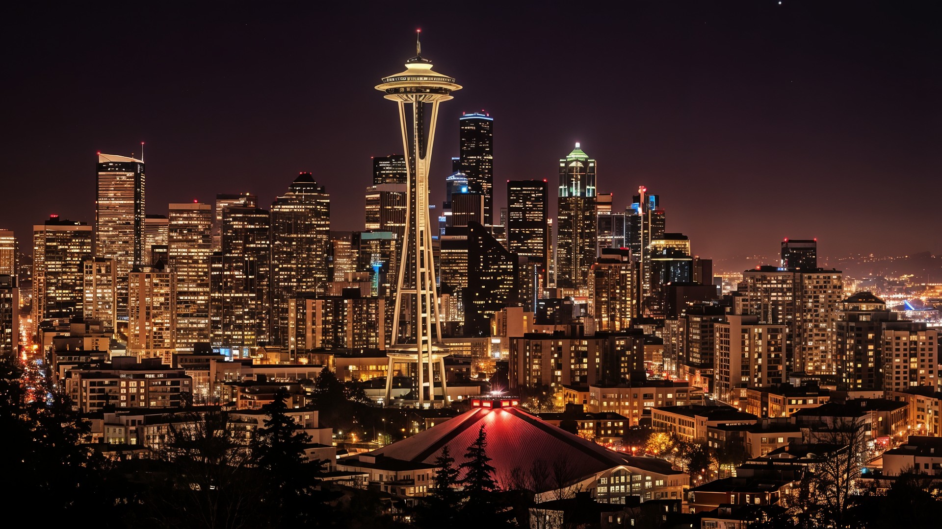Beleuchtung, Seattle, skyline, Fernsehturm, Luftaufnahme, Urbanität, Großstadt, Abendhimmel, Stadtansicht, Stadtpanorama, Abendstimmung, Space Needle