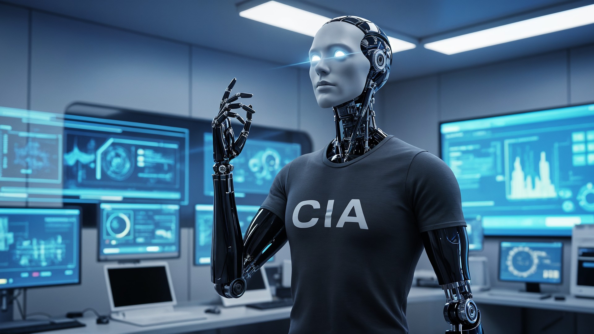 Ki, Künstliche Intelligenz, überwachung, AI, Artificial Intelligence, Roboter, Technologie, Geheimdienst, Automatisierung, Cybersicherheit, Cia, Bildschirme, Futuristisch, Datenanalyse, Cyborg, Humanoid, Kontrollraum, KI-Agent