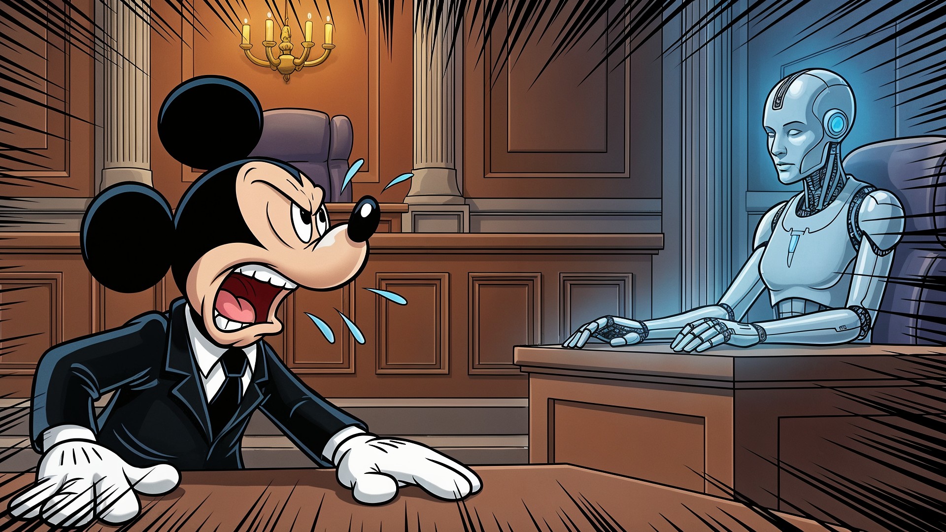 Künstliche Intelligenz, Urheberrecht, Cartoon, Micky Maus, Mensch-Maschine-Interaktion, Comic-Stil, Humorvolle Darstellung, KI-Gerichtsverhandlung, Roboterrichter, Disney-Figur, Gerichtssaal, Rechtsprechung der Zukunft, Technologie im Rechtssystem, Animationsfigur, futuristisches Szenario, Digitalisierung der Justiz