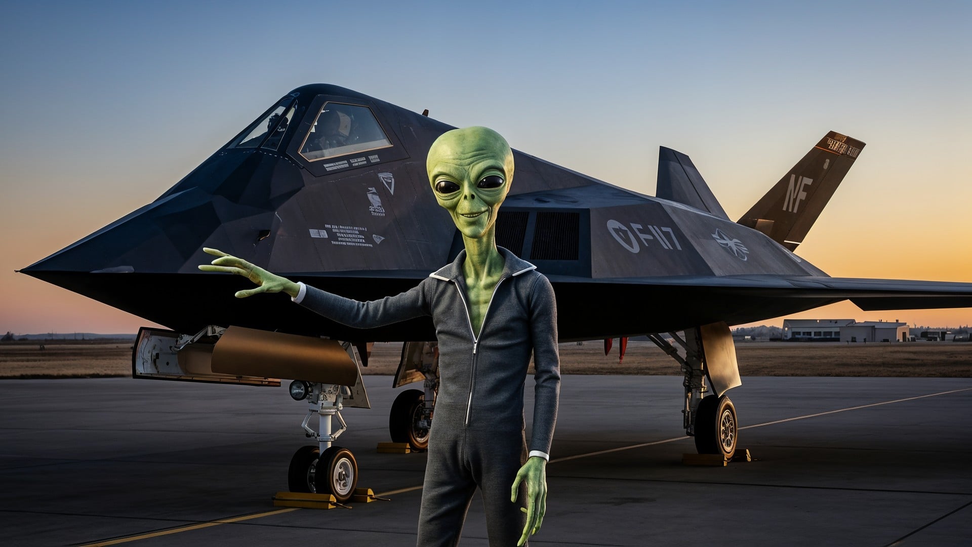 Luftfahrt, Ufo, Science-Fiction, Wüste, Militärtechnologie, Sonnenuntergang, Area 51, Tarnkappentechnik, Verschwörungstheorie, F-117 Nighthawk, Geheimprojekt, Außerirdischer, Stealth-Kampfjet, Alienkontakt, Flugzeughangar