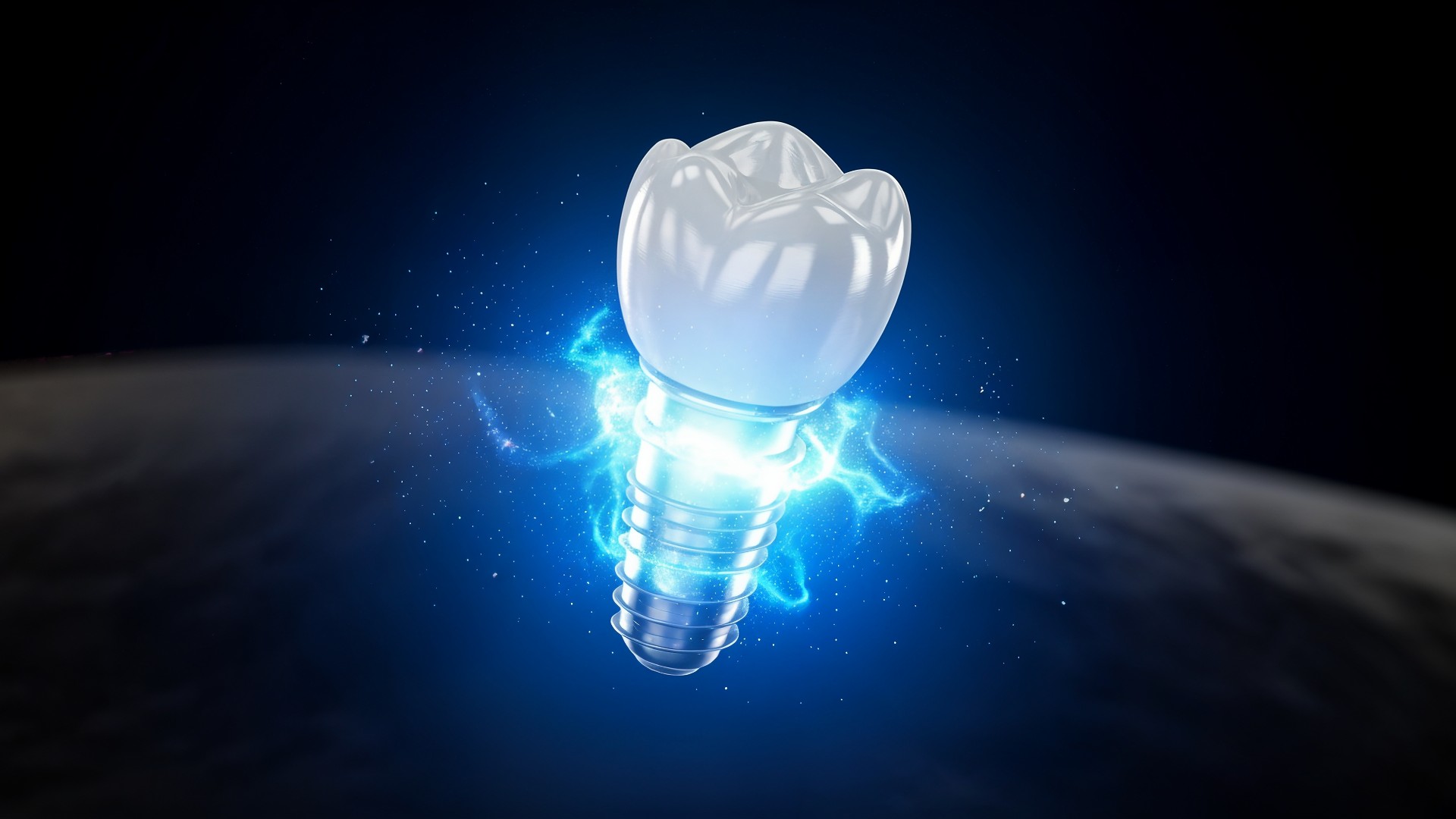 3D-Rendering, Medizinische Innovation, Zahnmedizin, Zahnersatz, Zahnimplantat, Dentaltechnik, Implantologie, Hightech-Zahnheilkunde, Künstlicher Zahn, Zahnprothese, Blaues Leuchten, Futuristische Zahnmedizin, Digitale Zahnheilkunde, Zahnchirurgie, Orale Gesundheit