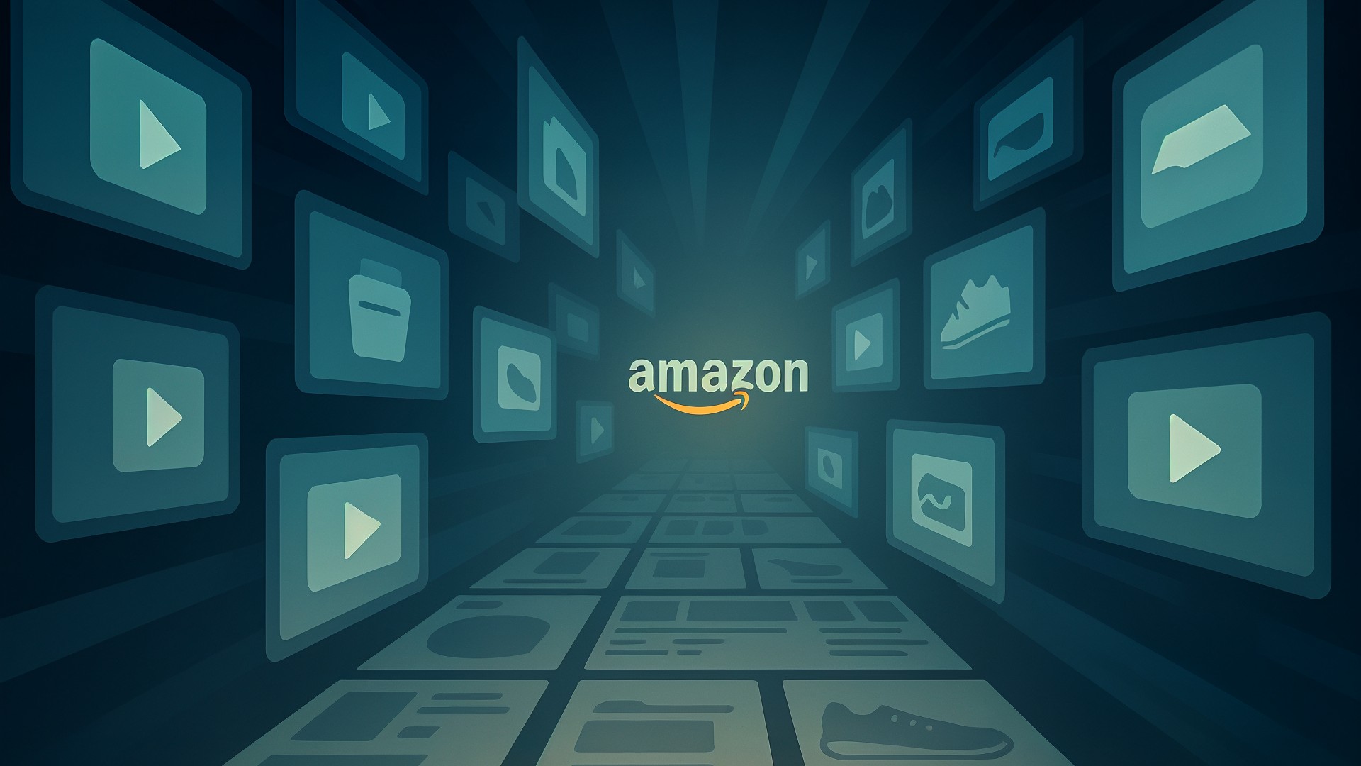 Streaming, Amazon, Benutzeroberfläche, E-Commerce, Zukunftstechnologie, Virtuelle Realität, Online-Shopping, 3D-Darstellung, Online-Plattform, Dunkelblauer Hintergrund, Technologie-Unternehmen, Produktkategorien, Digitale Dienste, App-Icons, Video-Player