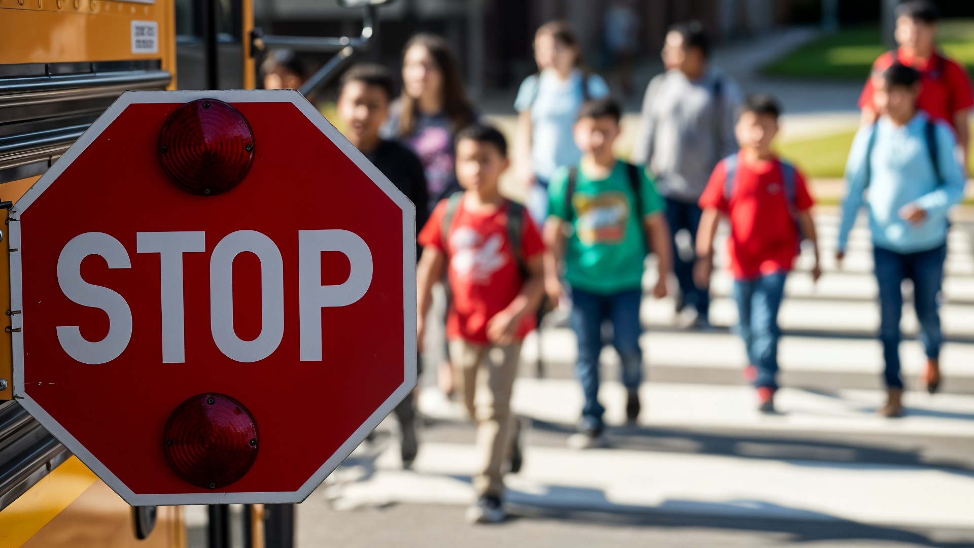 Sicherheit, Schüler, Verkehrszeichen, Stoppschild, Schulbus, Schulanfang, Grundschule, Morgenroutine, Schulweg, Rucksäcke, Schulkinder, Gruppenausflug, Straßenüberquerung, Schulhof, Schulalltag