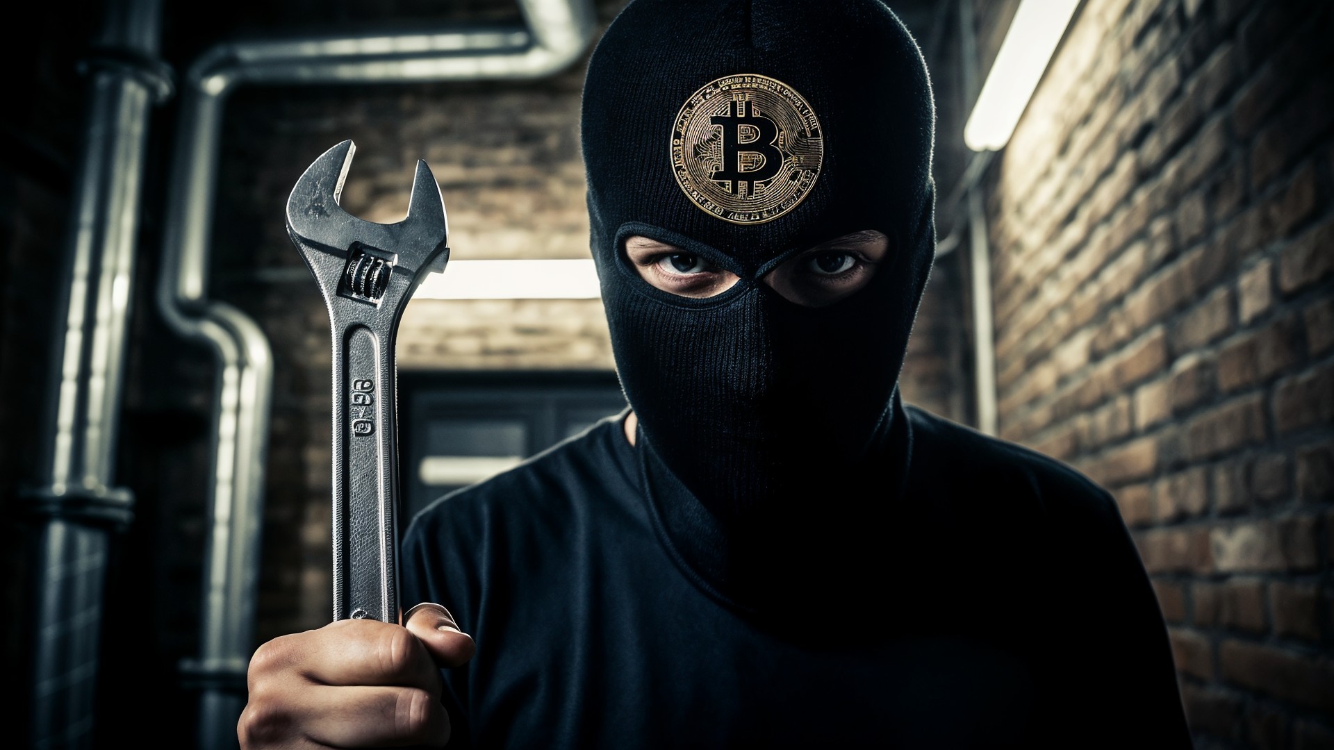 Kryptowährung, Darknet, Kryptographie, Cybersicherheit, Datensicherheit, Cyberangriff, Cyberkriminalität, Blockchain, Anonymität, Digitale Währung, Kryptomining, Entführung, Schraubenschlüssel, Bitcoin-Hacker, Sturmhaube, Vermummung, Technologie-Betrug, 5 Dollar Wrench Attack