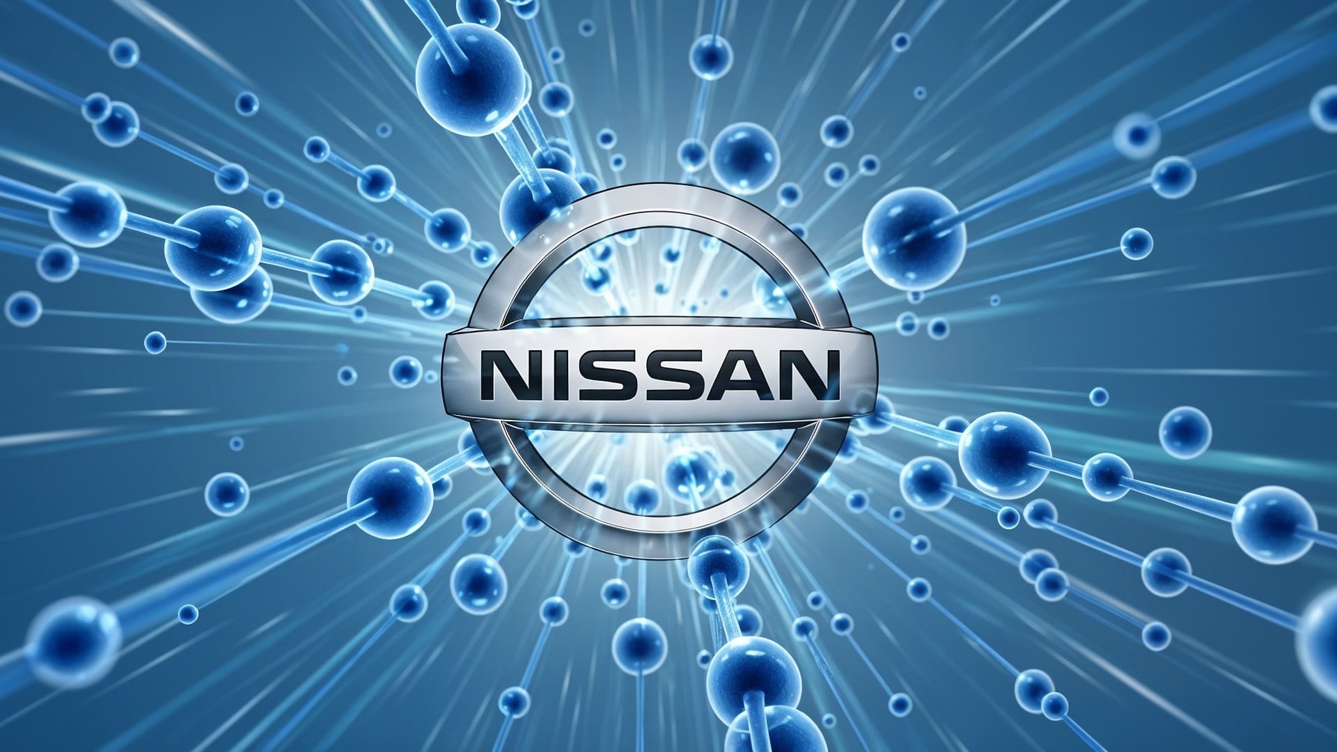 Logo, Wissenschaft, Elektroautos, Elektromobilität, Elektroauto, Energieversorgung, Digitalisierung, Laden, Vernetzung, Zukunftstechnologie, Blau, Hightech, Nanotechnologie, Nissan, Autoindustrie, Innovationen, Moleküle, 3D-Darstellung, Forschung und Entwicklung, Automobil-Logo, Technologie-Konzept
