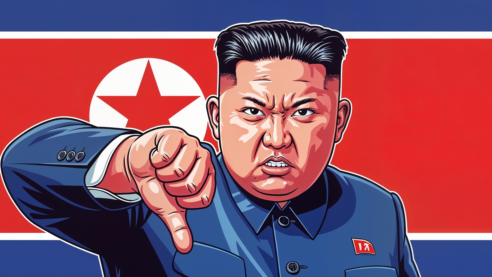 Flagge, Fahne, Nordkorea, Propaganda, Stern, Illustration, Karikatur, Kim Jong-un, Ablehnung, Diktator, Kommunismus, Politische Satire, Autoritarismus, Daumen runter, Missbilligung, Totalitarismus