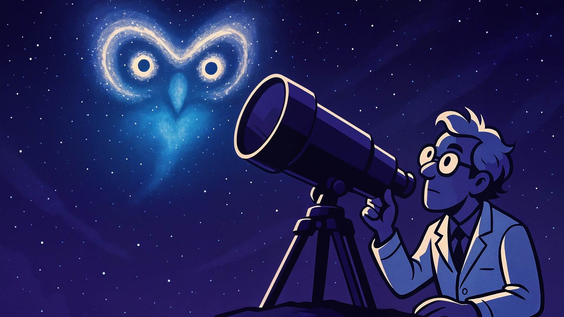 Astronomie, Teleskop, Wissenschaftler, Astrophysik, Galaxie, Nachthimmel, Sternenhimmel, Kosmos, Cartoon, Himmelskörper, Entdeckung, Sternbild, Weltraumbeobachtung, Eulennebel, Sternenbeobachtung