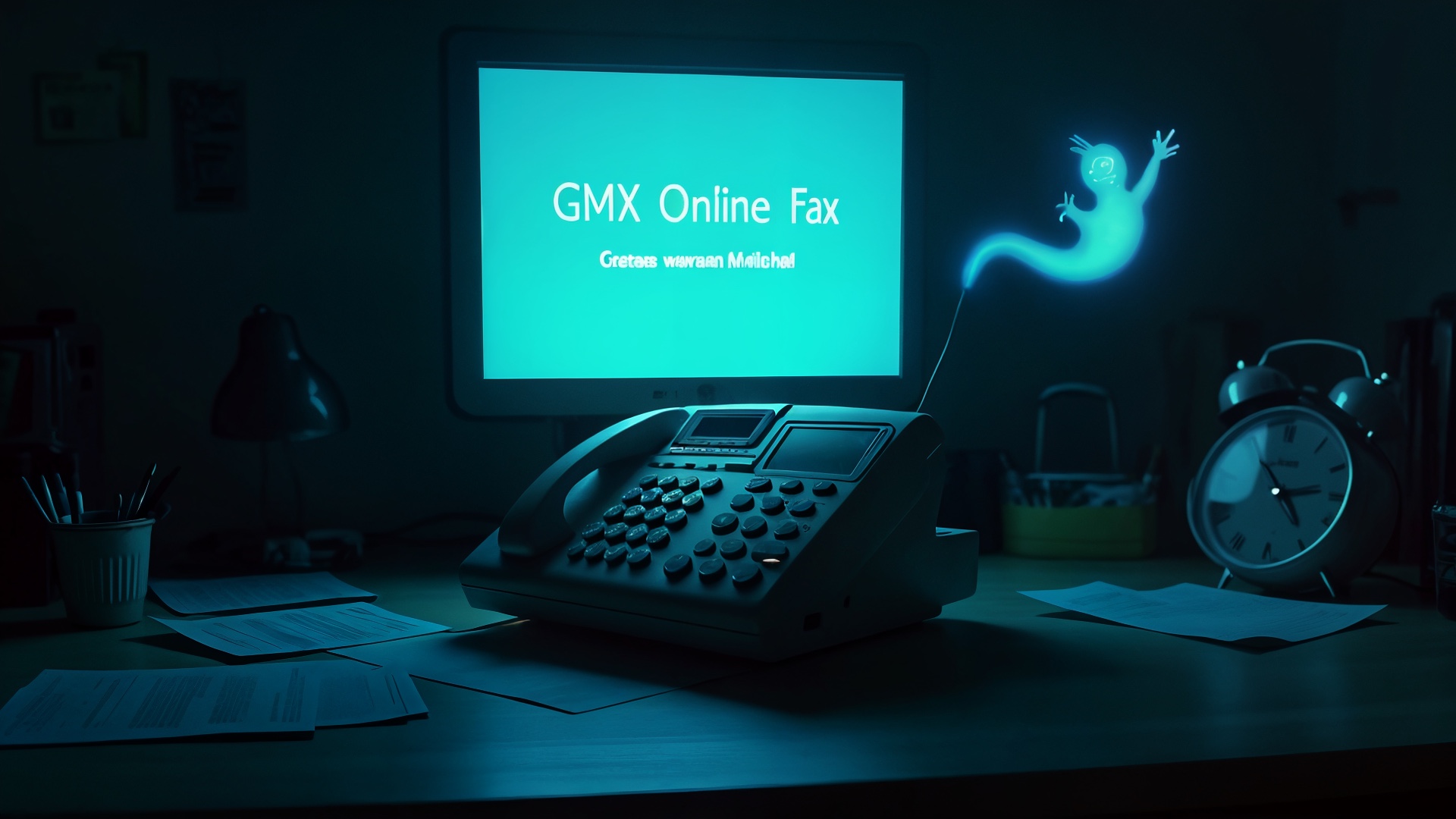 Kommunikation, Bildschirm, Technologie, Arbeitsplatz, Schreibtisch, Einstellung, Gmx, Büroalltag, Stimmung, Geist, Faxgerät, digitales Faxen, Online-Fax, GMX Online Fax, Online-Faxdienst, Büroausstattung, Nachtarbeit, türkise Beleuchtung