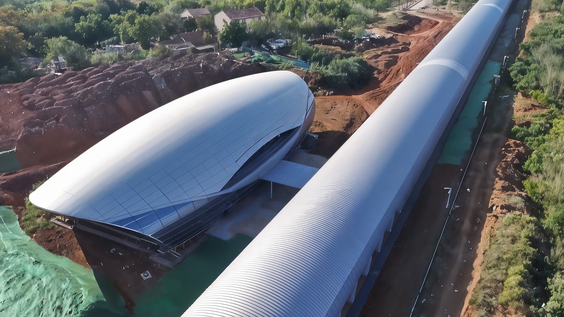 China, Test, Zukunftstechnologie, Baustelle, Magnetschwebebahn, Luftaufnahme, Anlage, Teststrecke, Transporttechnologie, Röhrensystem, Technologiezentrum, Infrastrukturprojekt, Ländliche Entwicklung, Verkehrsinnovation, CGTN, Hyperloop-Station, futuristische Architektur, Hochgeschwindigkeitstransport, aerodynamisches Design, Metallkonstruktion, Mobilitätskonzept