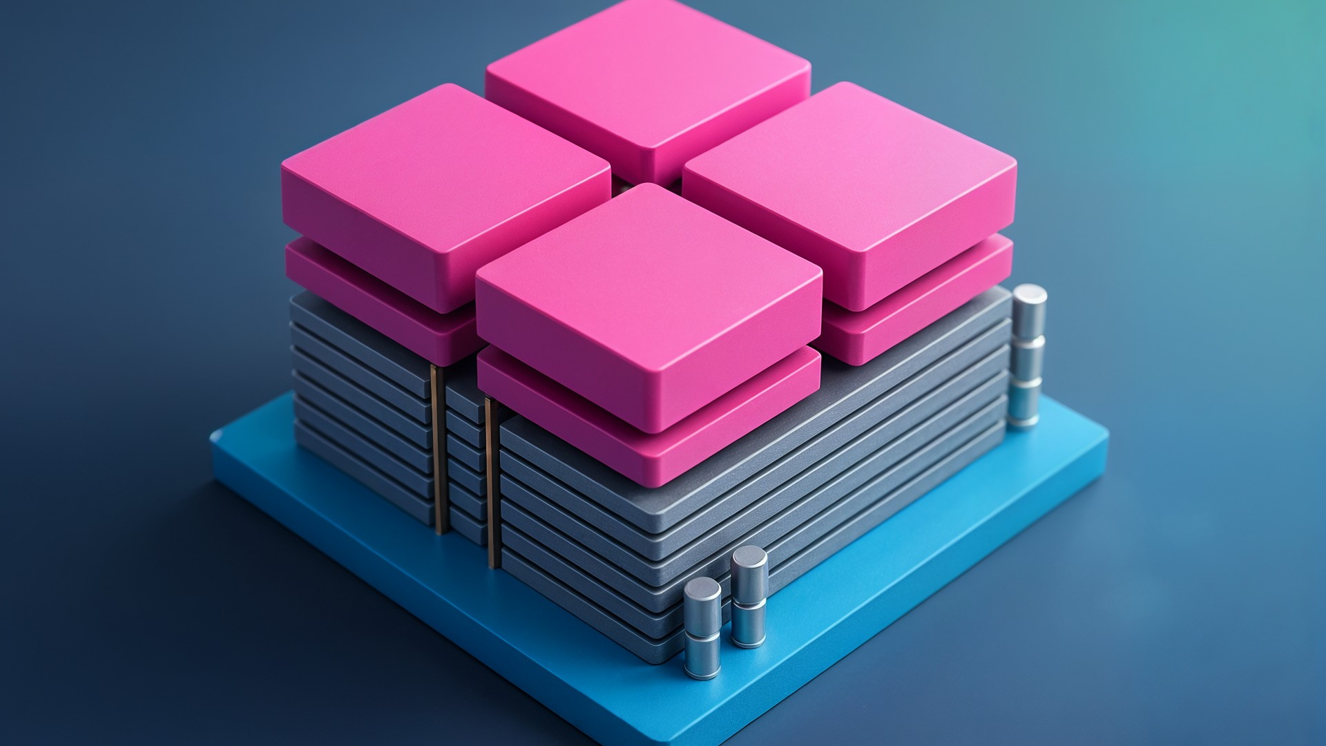 Cpu, Prozessor, Quadcore, Technologie, Blau, 3D-Rendering, Futuristisch, Mikrochip, Pink, Computerkomponente, Abstrakt, Computerhardware, BBCube, Geometrisch, Technik-Design, Siliziumchip