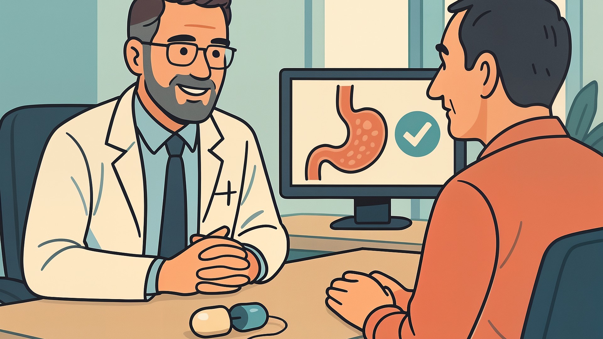 Gesundheitswesen, Arztbesuch, Medikamente, Medizinische Illustration, Cartoon-Stil, Arztpraxis, Präventivmedizin, Magenuntersuchung, Gesundheitscheck, Gastroenterologie, Bildschirmdiagnose, Ärztliche Beratung, Magen-Darm-Trakt, Computertomographie, Patientengespräch