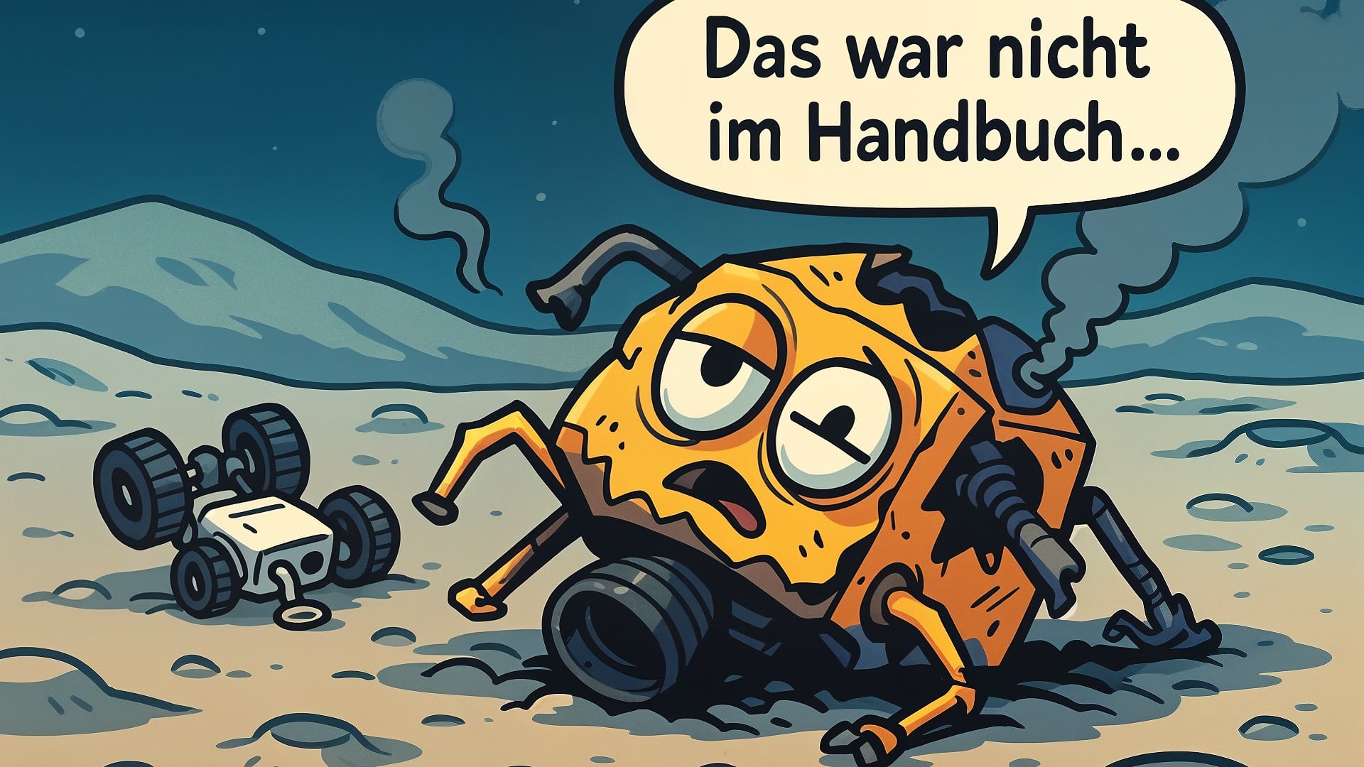 Mond, Reparatur, Mondlandung, Weltraumforschung, Mondmission, Lander, Cartoon, Weltraummission, Handbuch, Comicstil, Sprechblase, Roboterpanne, Technologieausfall, Robotercharakter, Planetenerkundung, Mondlandschaft, Techniksatire, Wissenschaftshumor