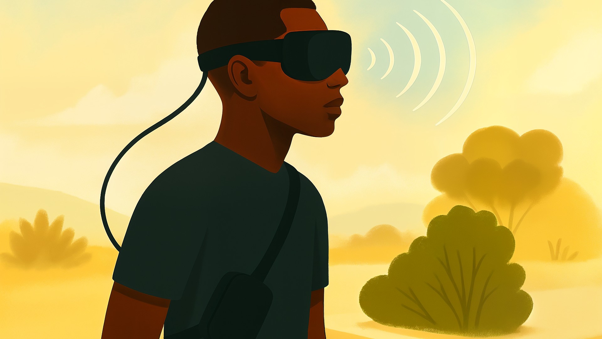 Künstliche Intelligenz, Virtual Reality, Augmented Reality, Technologie, Simulation, VR-Brille, Zukunftstechnologie, Innovationen, Sonnenuntergang, Digitale Transformation, Mensch-Maschine-Interaktion, Digitale Immersion, Digitale Erlebnisse, Naturszene, Illustrationsstil