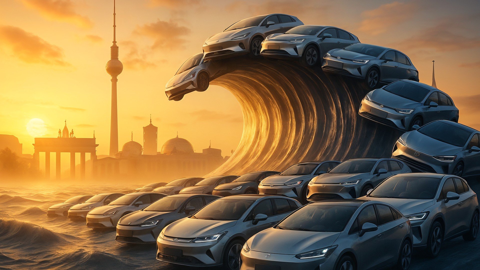 Elektroautos, Elektromobilität, Elektroauto, Autos, BYD, Sonnenuntergang, Fernsehturm, Xpeng, Welle, Stadtsilhouette, Umweltfreundliche Technologie, Zukunft der Mobilität, Berliner Skyline, Brandenburgtor, Surreale Darstellung, Innovatives Automobildesign, Fortschrittliche Transportmittel