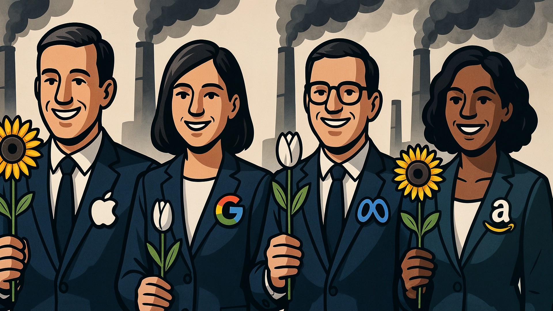 Apple, Google, Amazon, Meta, Logos, Technologieunternehmen, Illustration, Satire, Big Tech, Diversität, Luftverschmutzung, Blumen, Anzüge, Greenwashing, Tulpen, Konzernkritik, Umweltheuchelei, Schornsteine, Sonnenblumen